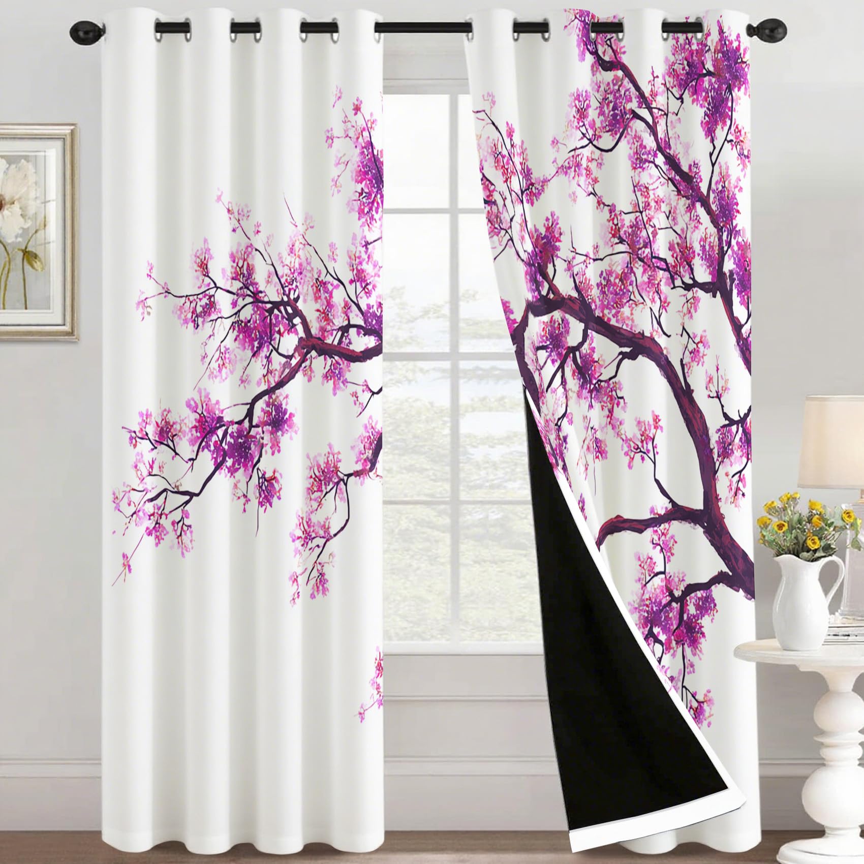 NIYAKA Cherry Blossom Curtain Blackout, Japanese Style Curtains 42x72, Living Room & Bedroom Decor Drapes, Thermal Insulated Eyelet Window Treatments 72 Drop, 2 Panels
