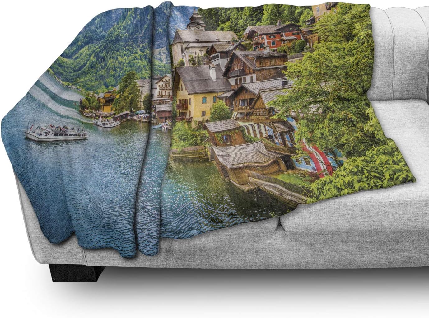 Lunarable Scenery Throw Blanket, Hallstatt Mountain Village Lake Hallstatt in The Austrian Alps Countryside, Flannel Fleece Accent Piece Soft Couch Cover for Adults, 60" x 80", Green and Blue