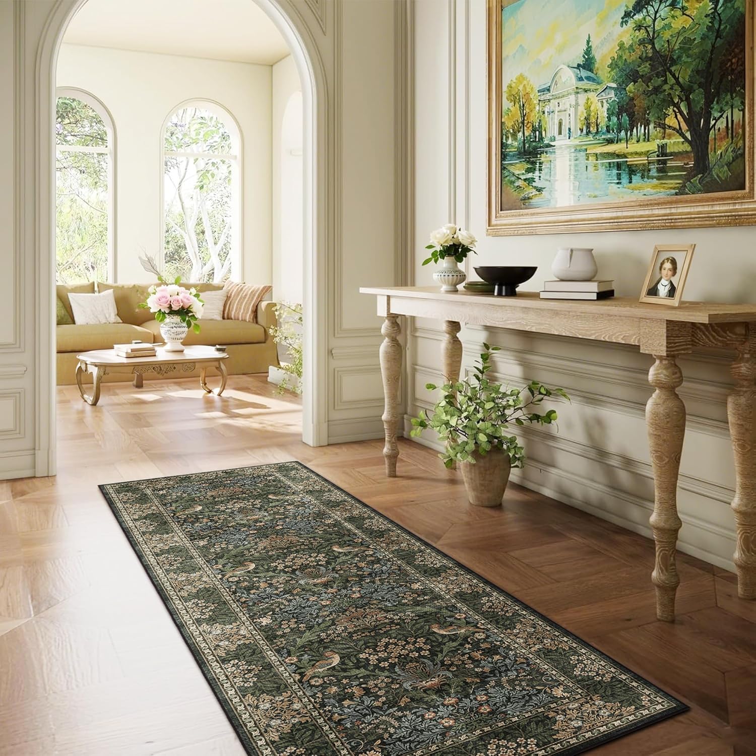 2.6x8 Floral Washable Area Rug Soft Runner Rugs for Kitchen, Vintage Boho Hallway Rug for Bedroom Dining Room, Botanical Birds Non Slip Low Pile Throw Carpet, Retro Gold/Green