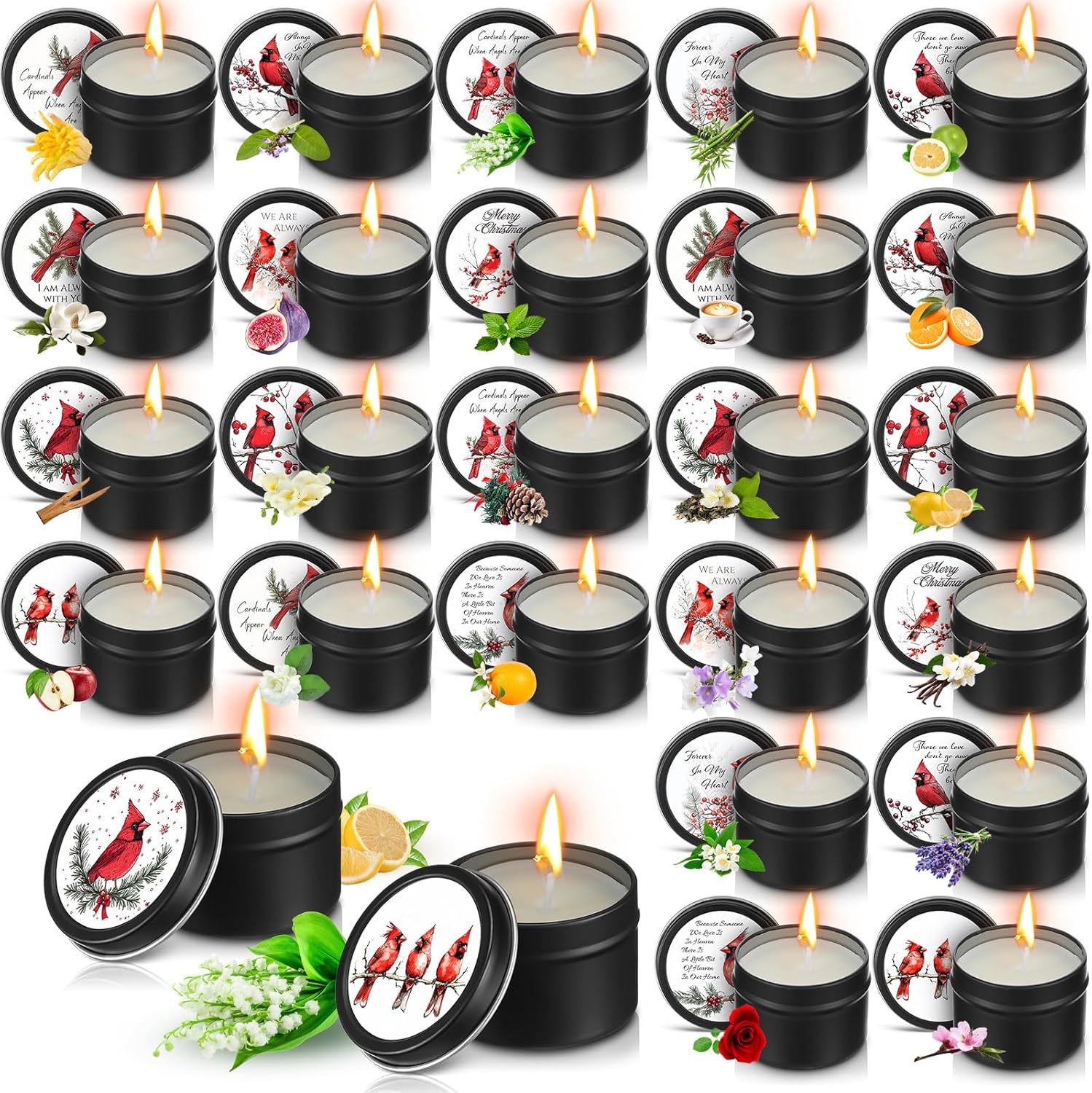 Nuanchu 24 Pack Christmas Scented Candles Gift Set Red Cardinal Candle for Her Him 2oz Natural Soy Wax Jar Long Lasting Aromatherapy Bulk Favors Set for Christmas Party Home Decor