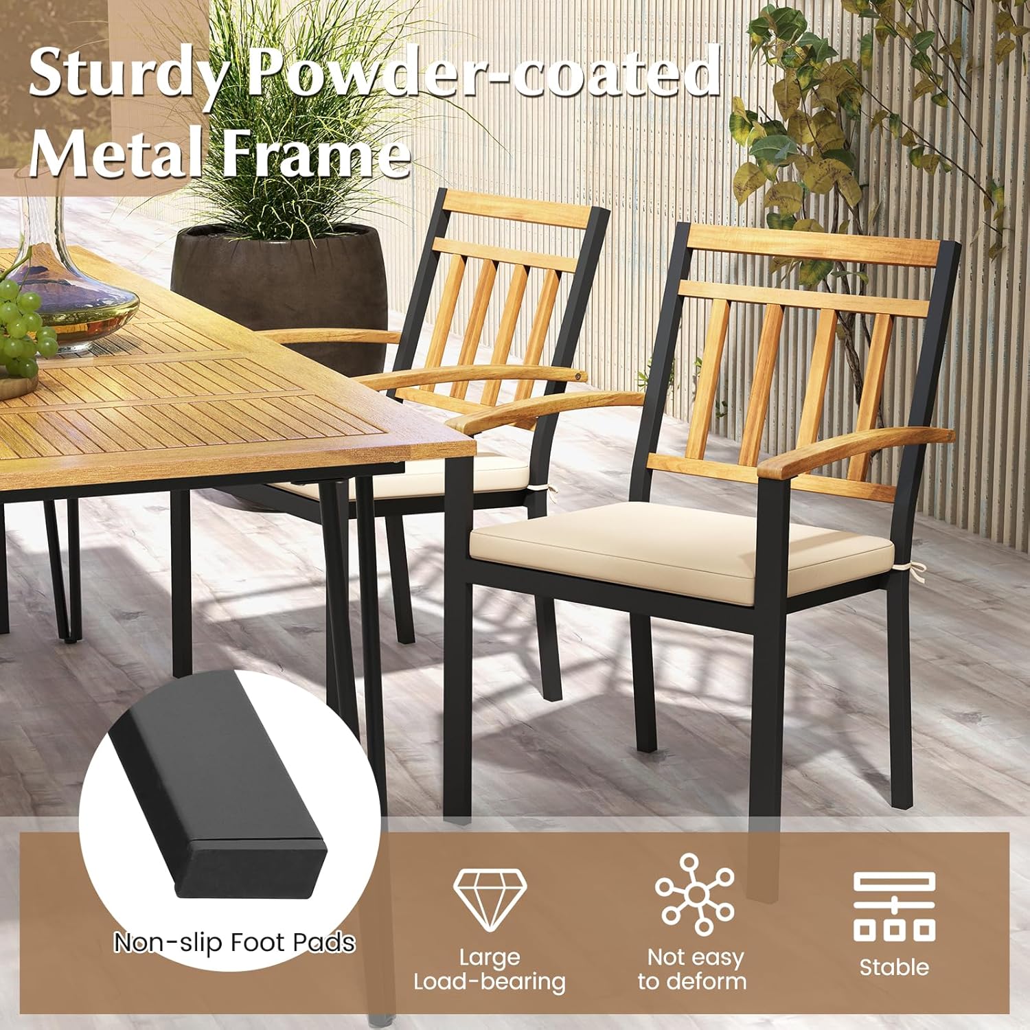 Tangkula 7 Piece Patio Wood Dining Set with Umbrella Hole, Outdoor Rectangle Acacia Table and Cushioned Chairs Set with Metal Frame, for Front Porch, Yard, Balcony