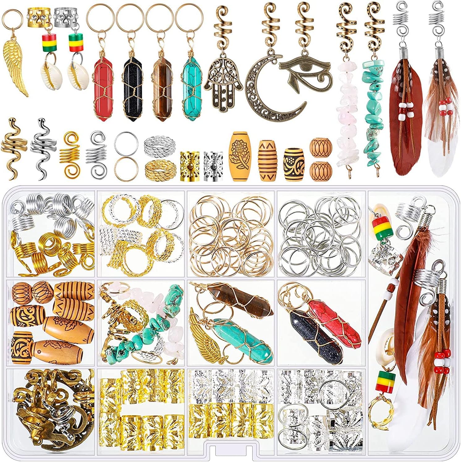 SYOSI 150 Pieces Dreadlock Jewelry Crystal Wire Wrapped Loc Adornment Assorted Imitation Wood Beads Braid Accessories Hair Jewels for Braids Hair Cuffs Decorations for Women Girl(Vivid Style)