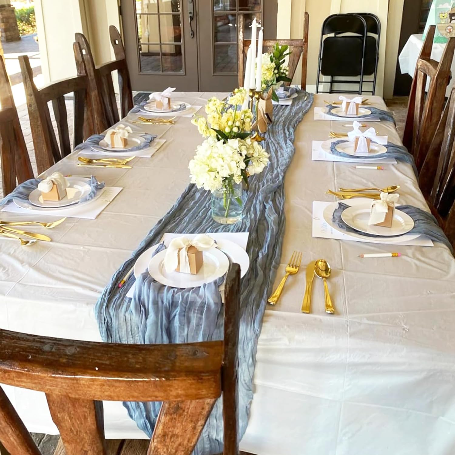 10 Pack Dusty Blue Cheesecloth Table Runner 10FT Boho Gauze Fabric Table Runner Vintage Rustic Sheer Runners for Wedding Party Bridal Baby Shower Long Table Decorations