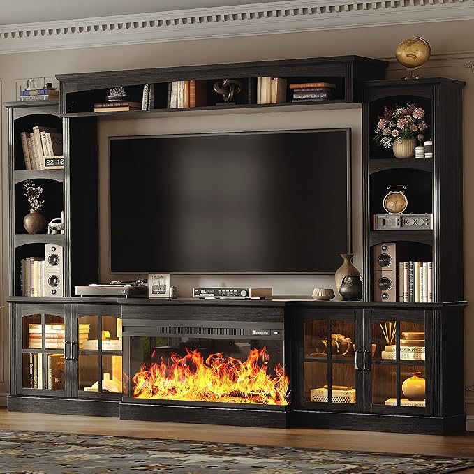 98" Wall Unit TV Stand with 36" Electric Fireplace, Black