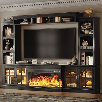 98" Wall Unit TV Stand with 36" Electric Fireplace, Black | Large Entertainment Center, Farmhouse Style with Bookshelves, Barn Doors, Fits TVs Up to 75", For Living Room