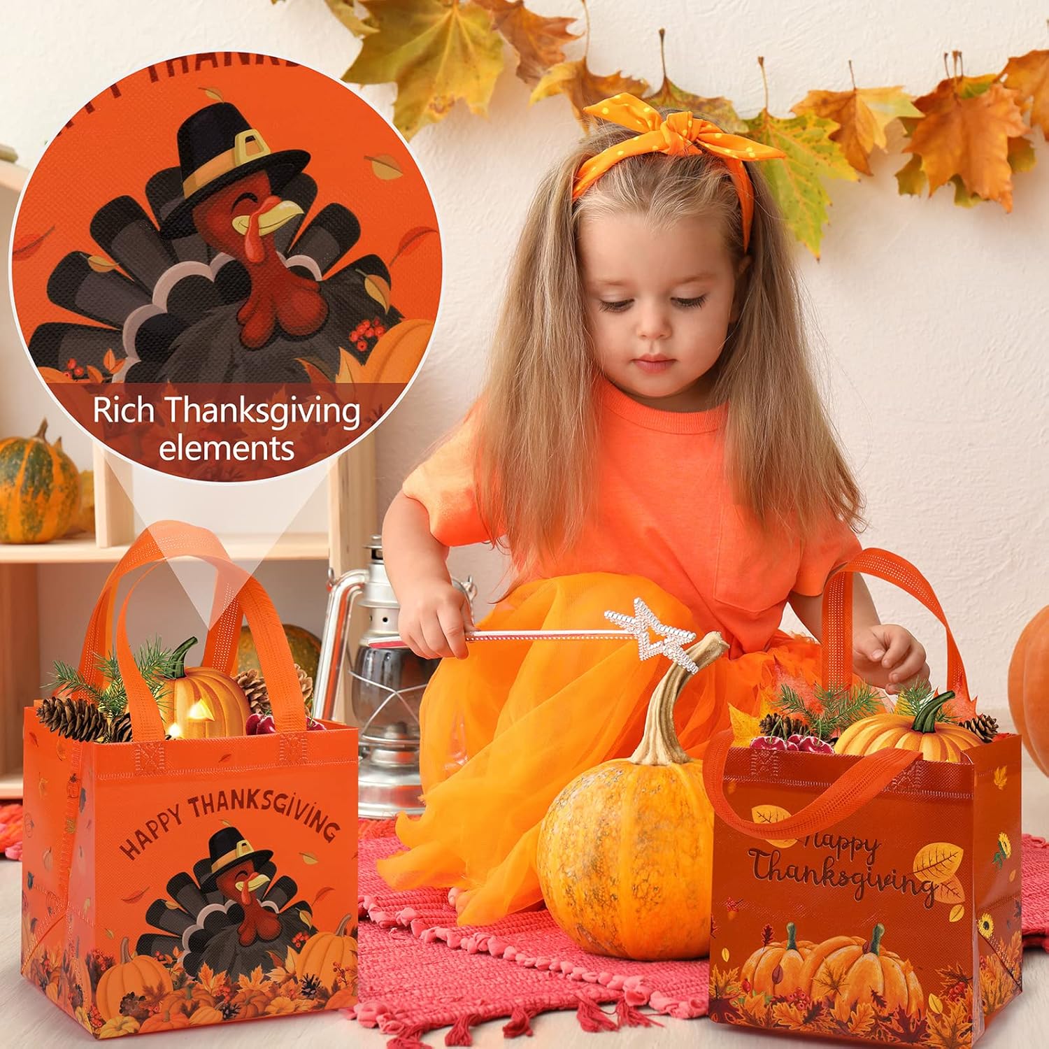 MIMIND 18-Piece Fall Party Gift Bags with Handles - Turkey, Pumpkin, Reusable Grocery Bags for Thanksgiving Day & Party Favors - Image 2