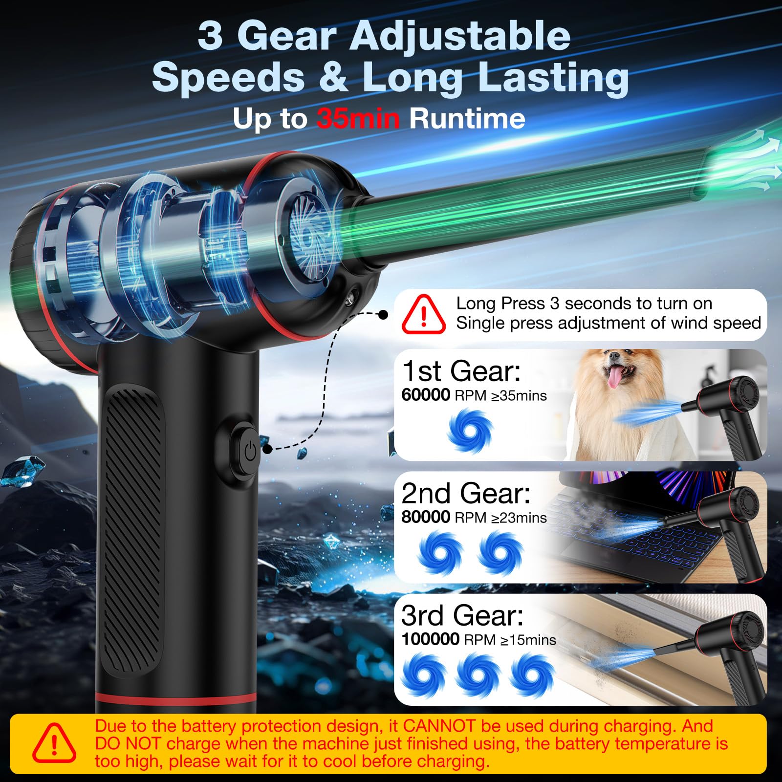 Powerful Cordless Air Duster with Strong Blowing, Portable & Rechargeable, for Computer/Laptop/Car/Camera Cleaning