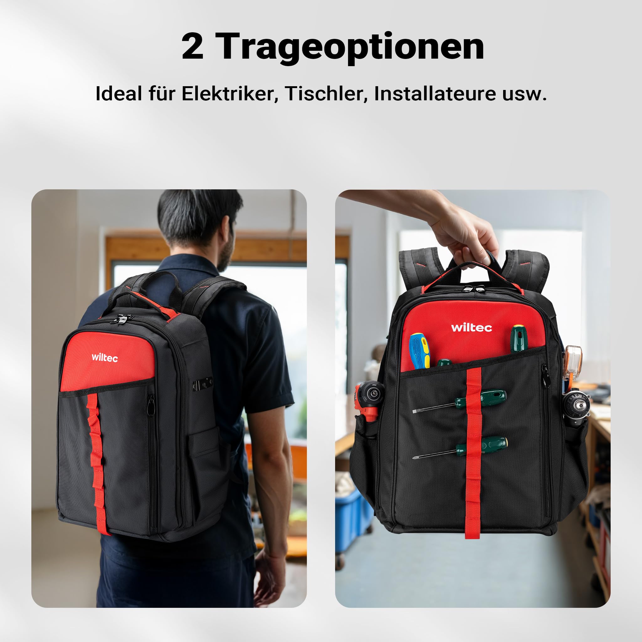 Wiltec Werkzeugrucksack 33 x 20 x 43 cm bis 30 kg, Werkzeug Tasche 16 Fächer, Werkzeug Rucksack gepolstert, robuste Werkzeugtasche