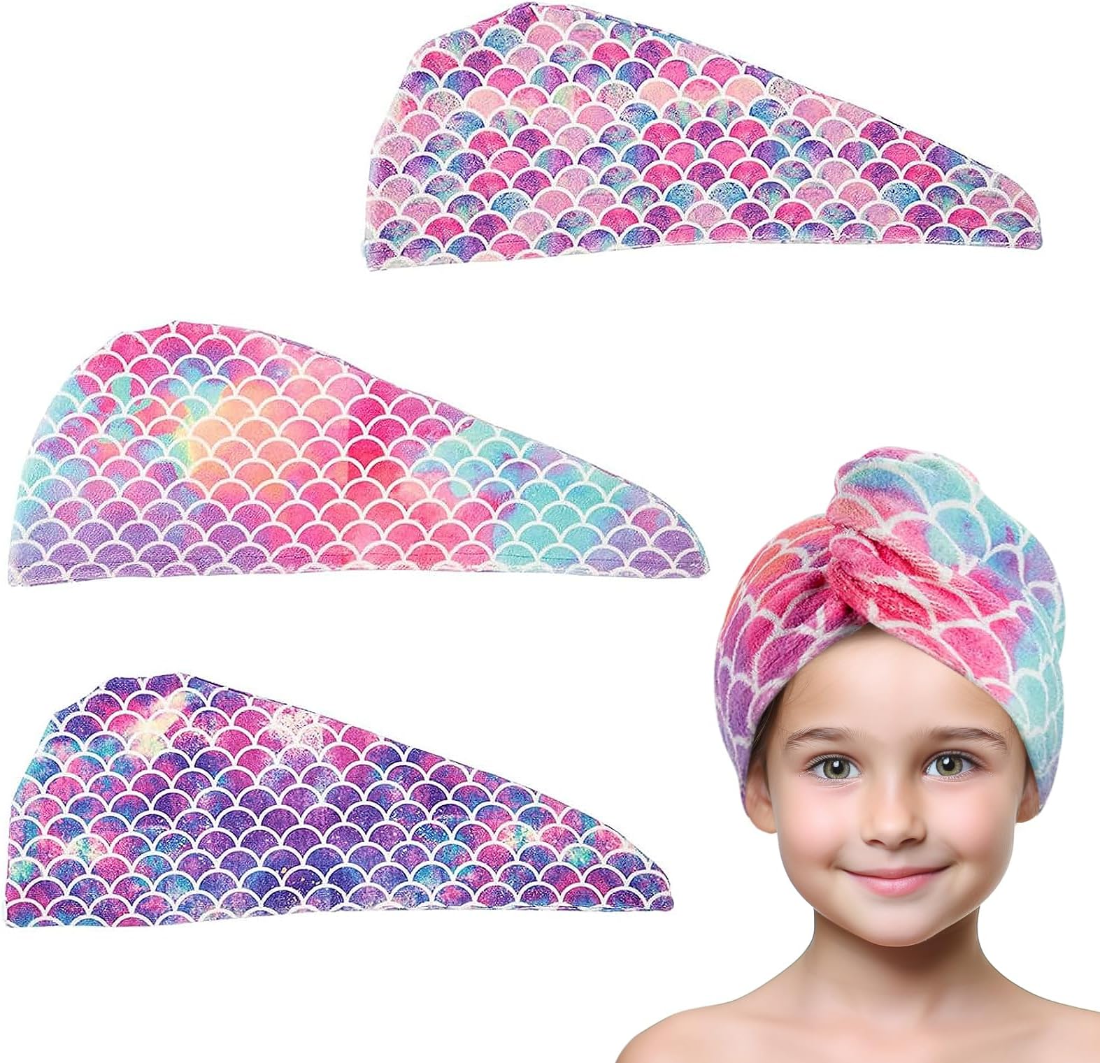 MADHOLLY Fast Drying Microfiber Hair Towel for Kids Women - 3 Packs Soft Super Absorbent Hair Towel Wrap with Button, Anti-Frizz Turban for Thicker Curly Long Hair, Mermaid Pattern Gift for Girls