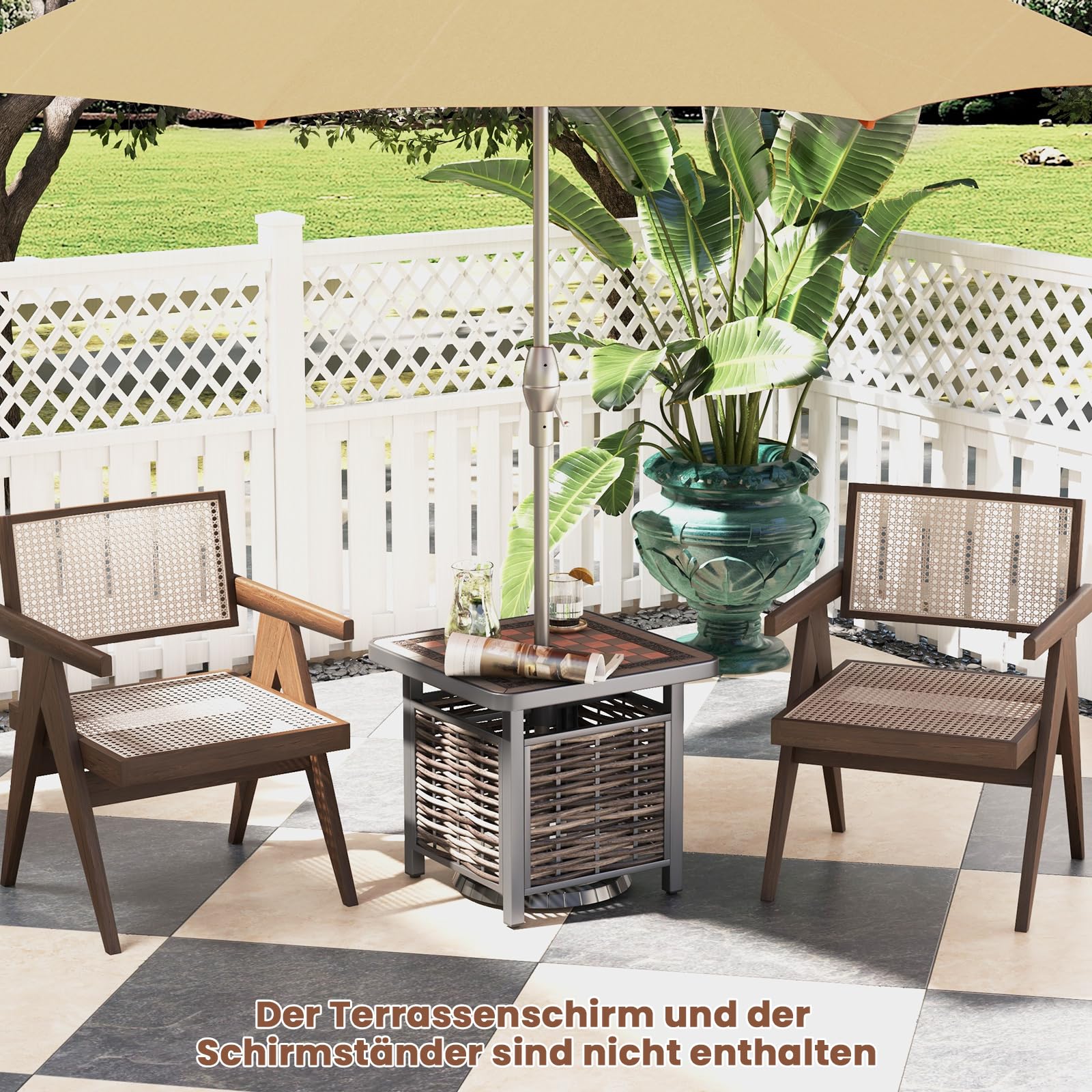 GOPLUS Polyrattan Beistelltisch, Gartentisch quadratisch mit 3,9cm Schirmloch & Schachbrettmuster, Balkontisch Bistrotisch wetterfest, Terrassentisch klein Outdoor für Garten Hof Balkon Pool