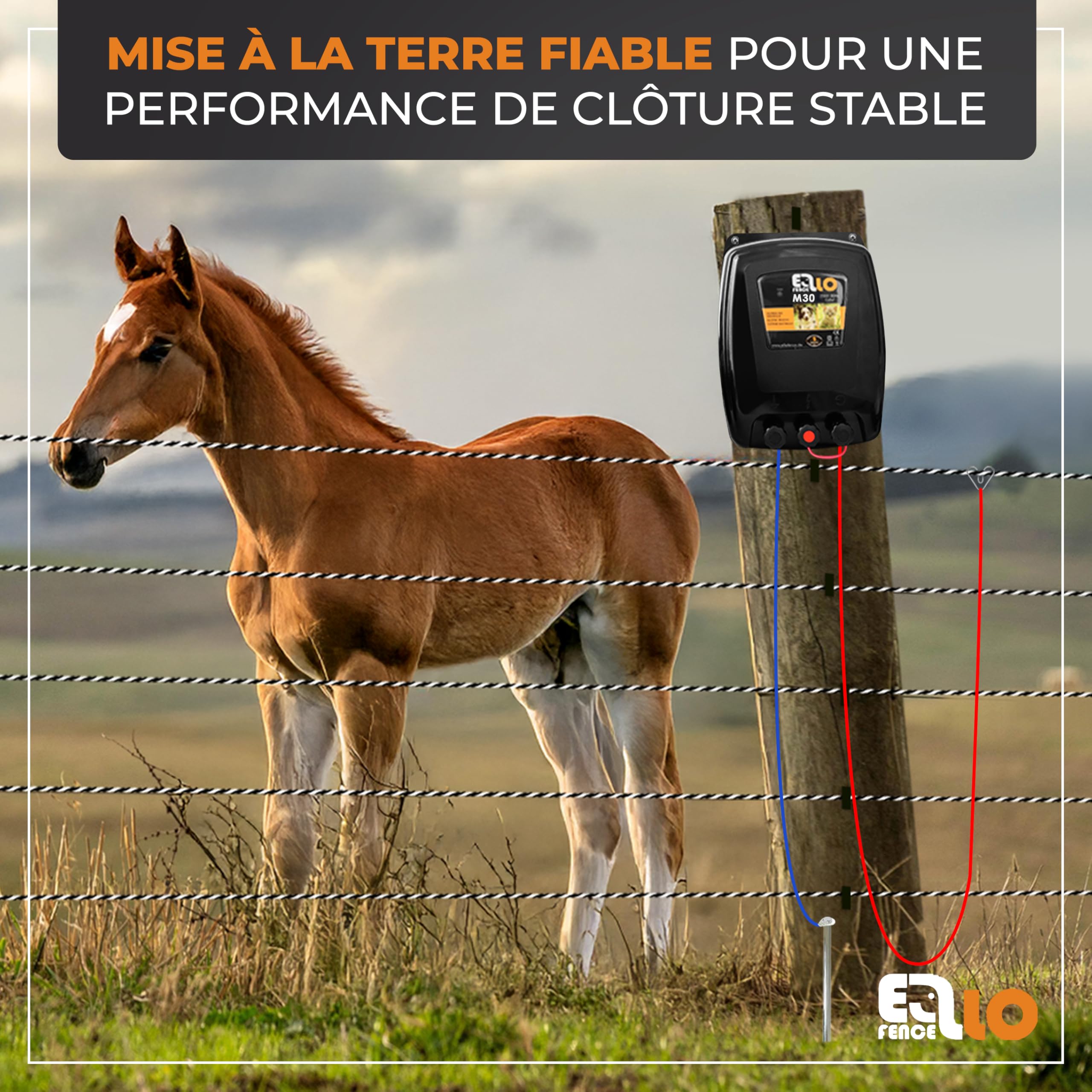 Kit de mise à la terre pour clôture électrique - Piquet de terre robuste en acier inoxydable avec accessoires - Piquet de terre avec câble de terre & raccord - Set mise à la terre