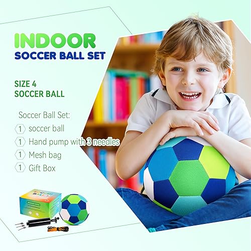 Miniatura 6 de INPODAK Balón de fútbol para interiores tamaño 4 para niños, pelota de fútbol suave y silenciosa para el interior de la casa, con bomba y caja de