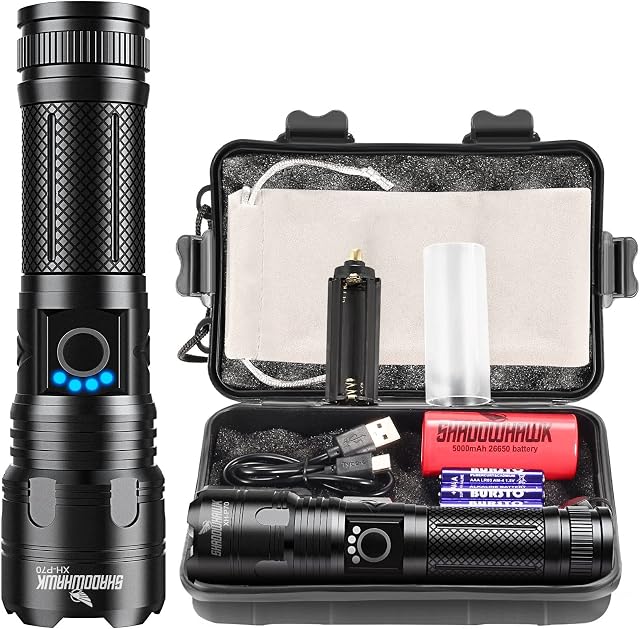 Shadowhawk Torches LED Super Bright, Rechargeable LED Torch P70 10000 Lumens Powerful Military Tactical Flashlight Rechargeable Battery Torch for Dog Walking Hiking Emergency Gift
