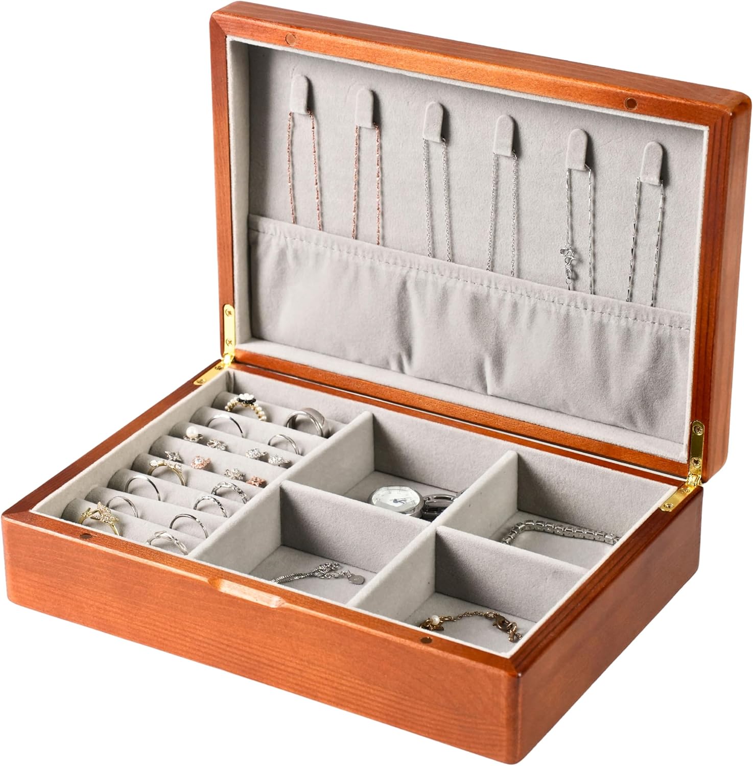 Wooden Jewelry Box for Women, Medium Size Real Natural Solid Wood Antique Organizer with Earring Storage, Ring Compartments, Built in Necklace Hooks, ek11-m