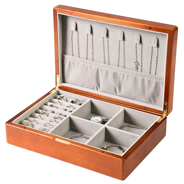 Wooden Jewelry Box for Women Medium Size Real Natural Solid Wood Antique Organizer with Earring Storage Ring Compartments
