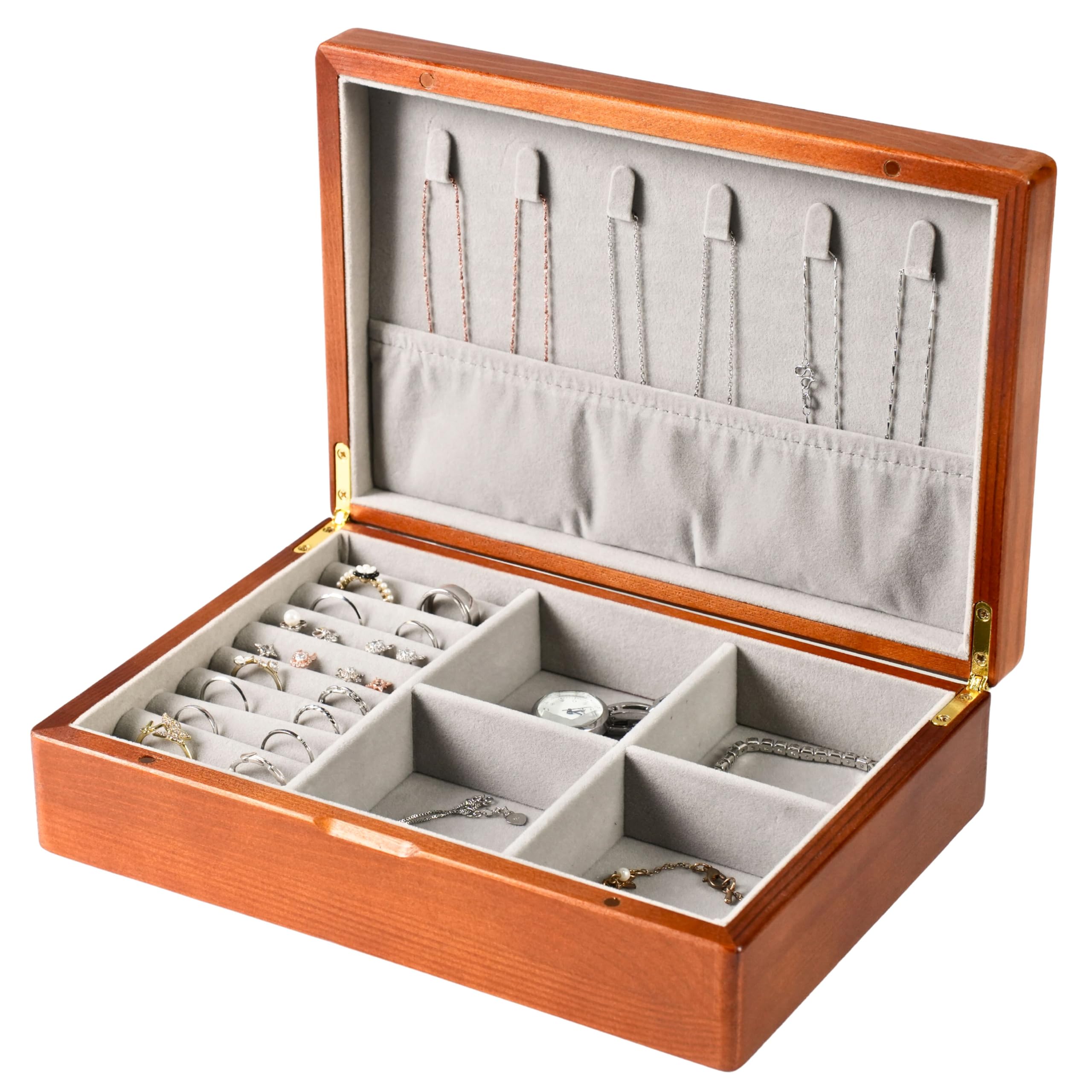 Wooden Jewelry Box for Women Medium Size Real Natural Solid Wood Antique Organizer with Earring Storage Ring Compartments