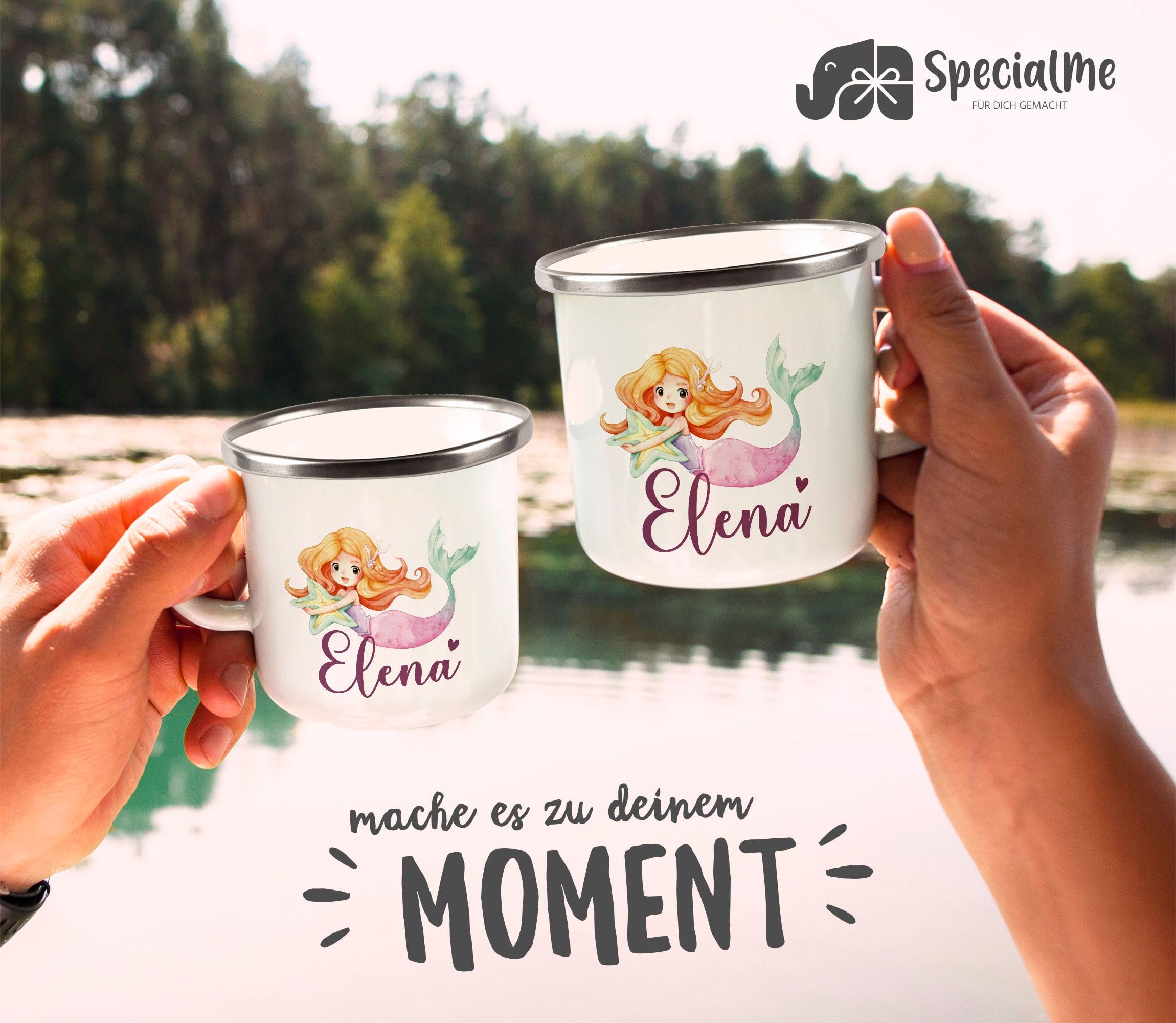 Personalisiert Emaille-Becher Meerjungfrau - Kinder Motiv Mit Name, 300 Ml, Weiß-metallic