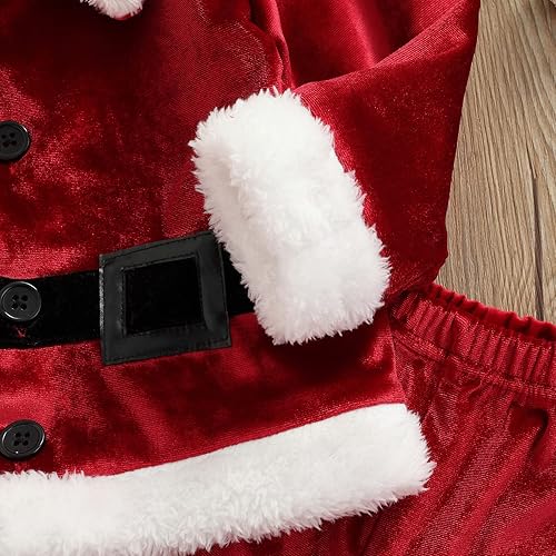 Miniatura 3 de Conjunto de disfraz de Navidad para niños de terciopelo rojo vestido elegante de manga larga con botones pantalones largos 4 piezas