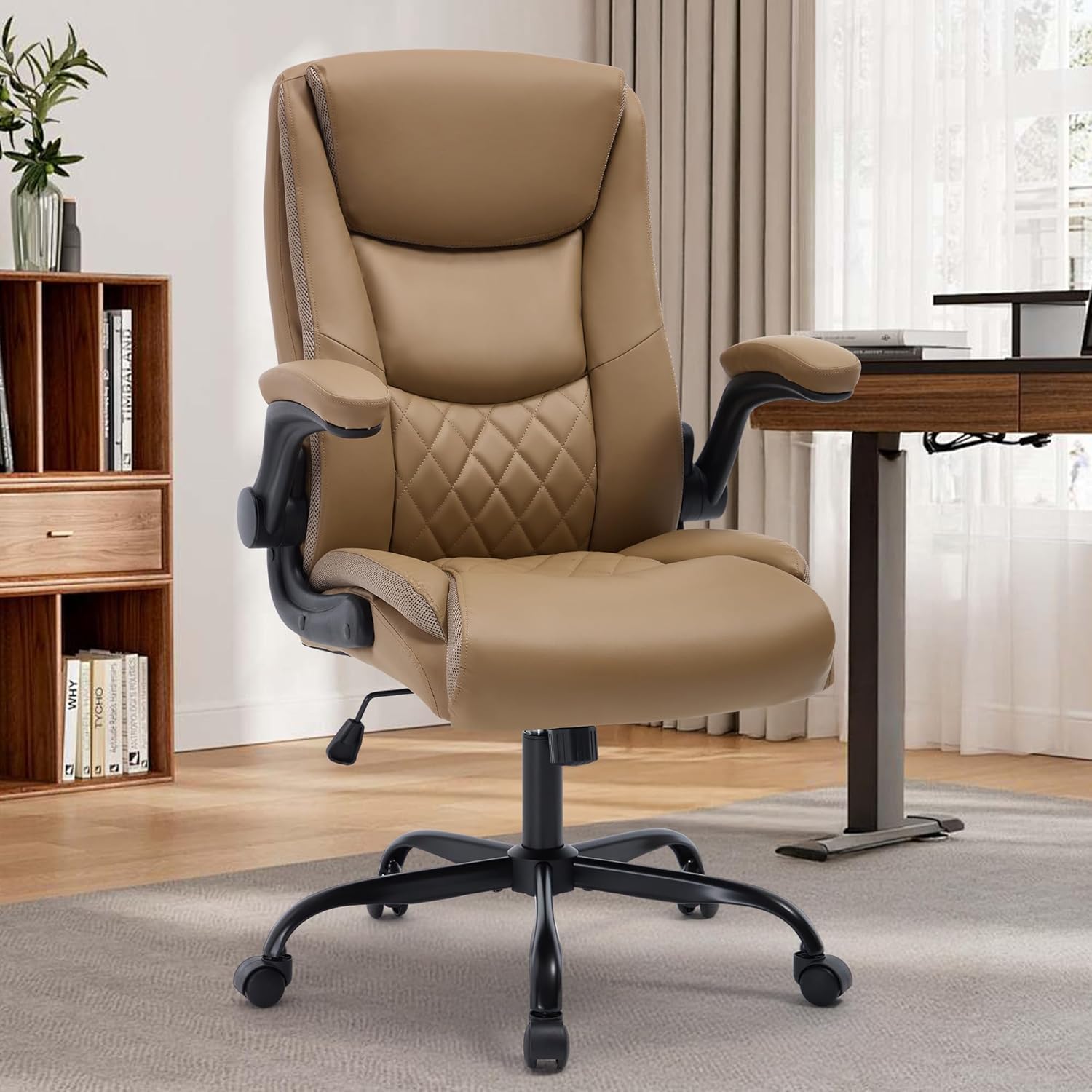 Office Chair, Executive Leather Office Chair with Lumbar Support & Flip-up Armrests, Ergonomic Adjustable High Back Swivel Chair with Rocking Function (Khaki)
