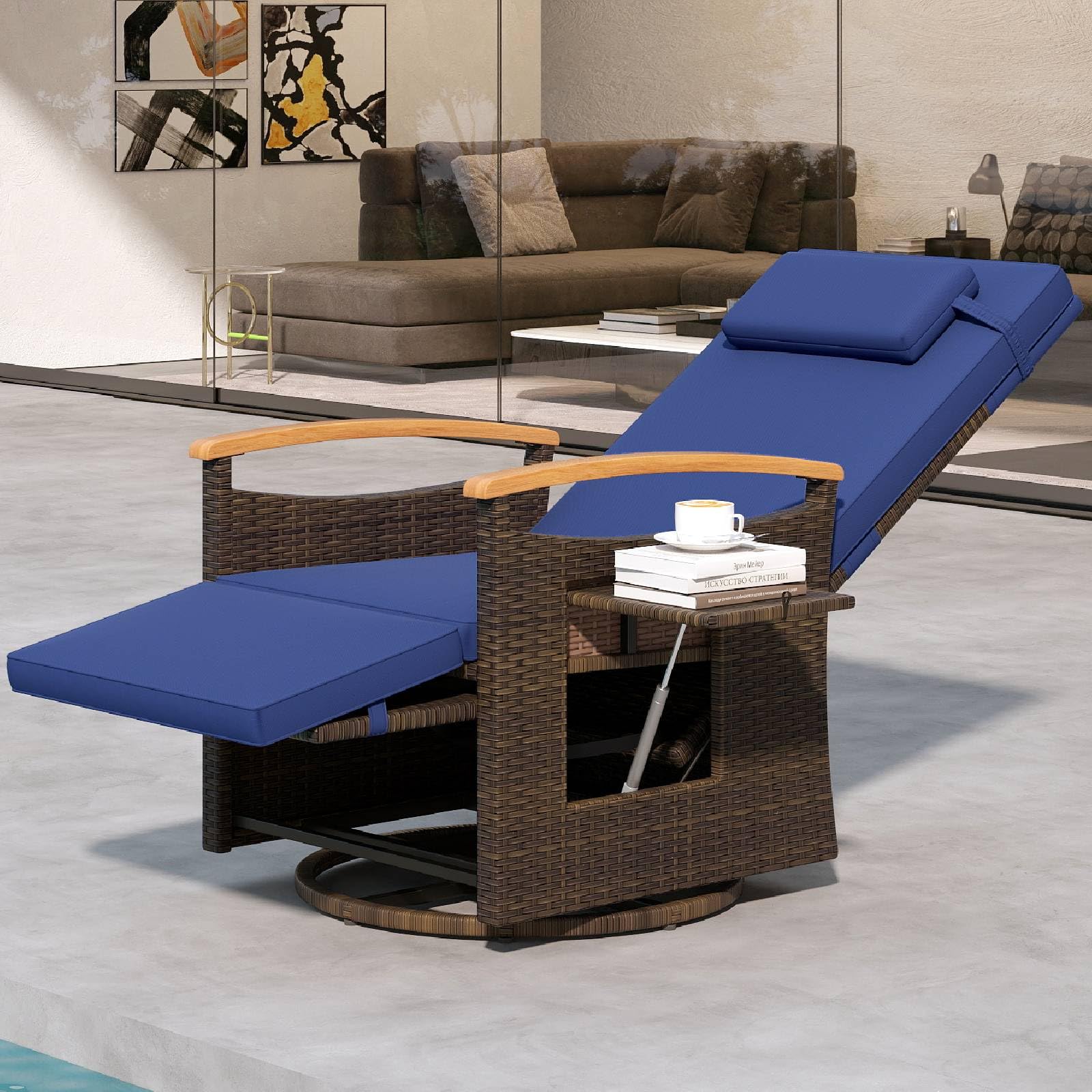 Multigot 360° Swivel Garden Recliner Armchair, Outdoor Rattan Reclining Lounge Chair with Adjustable Backrest & Footrest, Flip Table and Cushions, Wicker Sun Lounger Sunbathing Chair (Navy Blue)