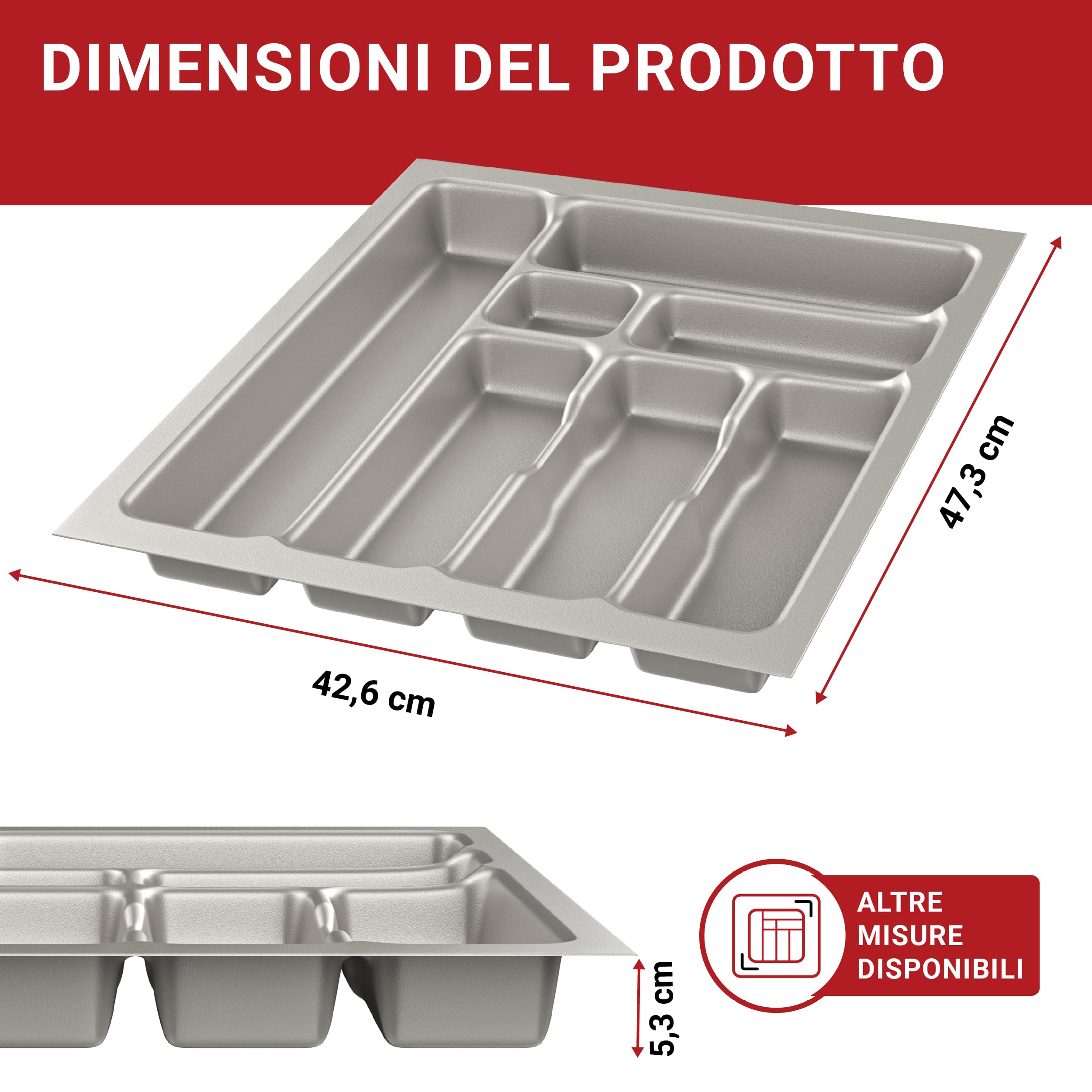 LouMaxx Portaposate per cassetti larghi cm, portaposate cm, prodotto in Germania, grigio con scomparti e angoli stabili, infrangibile e durevole (grigio argento, 47,3 x 42,6 cm - 7 scomparti)