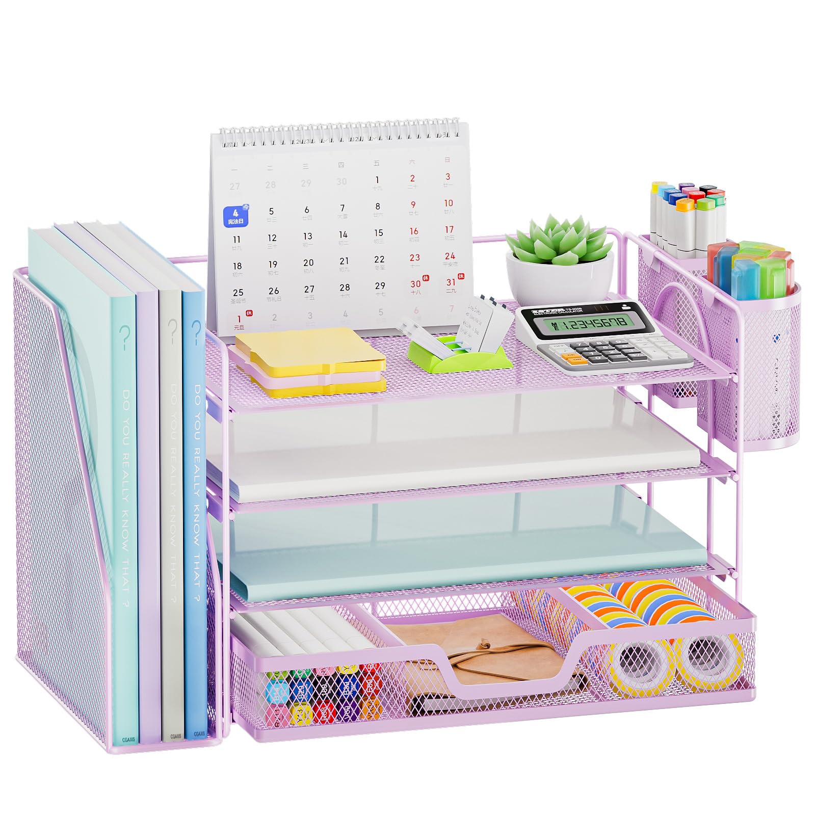 Marbrasse Organizer da scrivania e accessori, organizer per lettere a 4 livelli con porta documenti, accessori da scrivania e spazio di lavoro, organizer da scrivania con cassetto e 2 portapenne, per