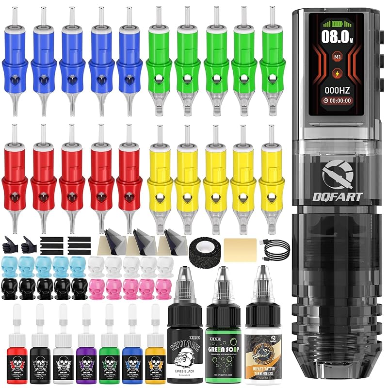 Kit para Tatuagem DQFART com Caneta, Agulhas e Tintas