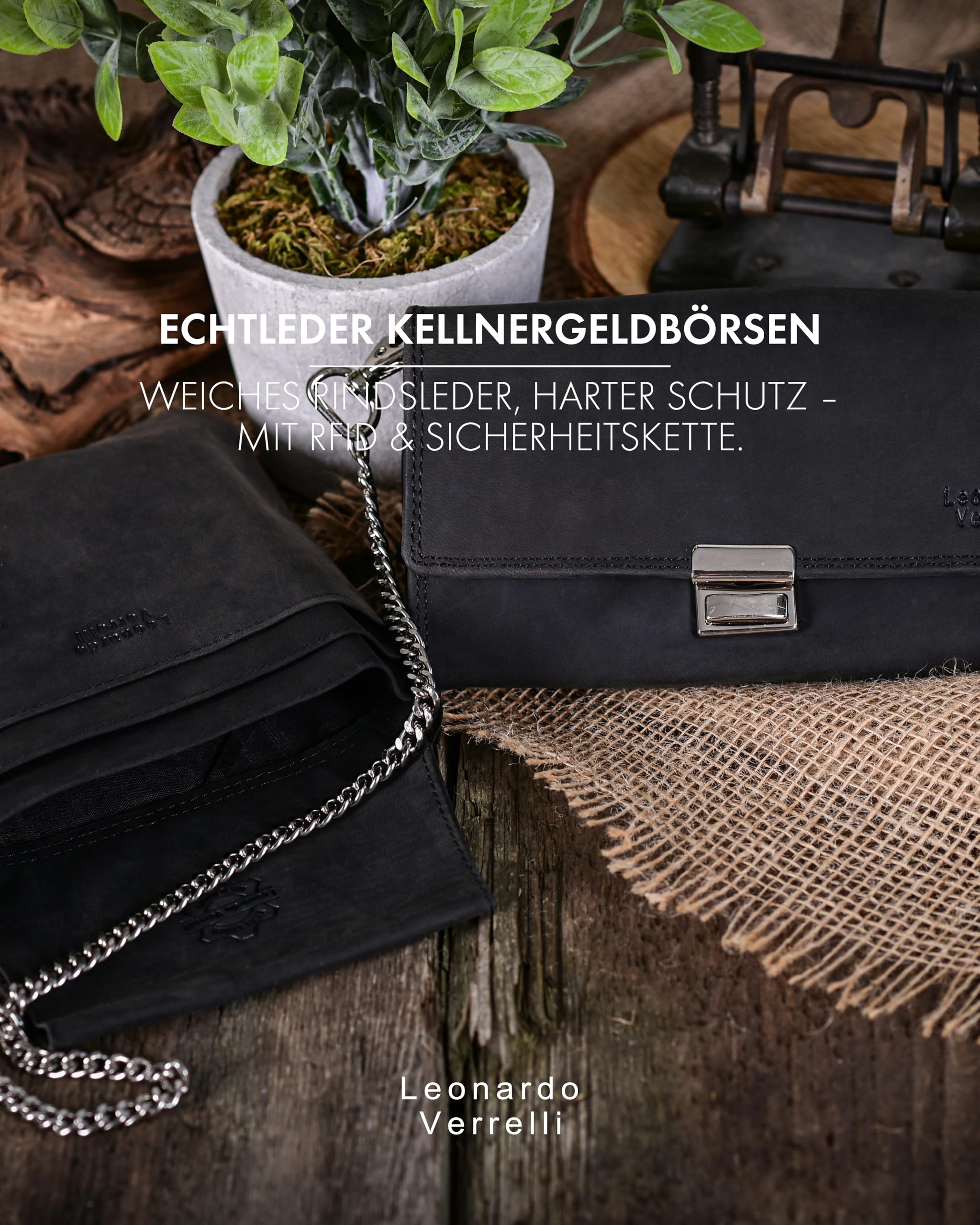 Kellner Geldbörse, aus Leder, Kellnerbörse, Geldbeutel, Taxi, Damen Herren Portemonnaie mit oder ohne Holster, Steck-Tasche, mit Kette und großem Münzfach in schwarz (Schwarz)