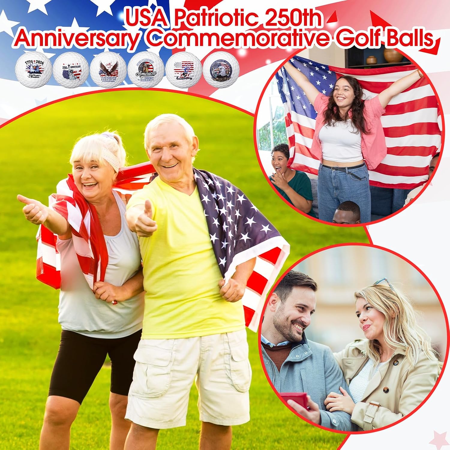 12 Pack 250th Anniversary Patriotic Golf Balls, USA Independence Day 4th of July Red White Blue Novelty, Regulation Size Commemorative Golf Balls Gift for Golfers, Men, Dad, Veterans