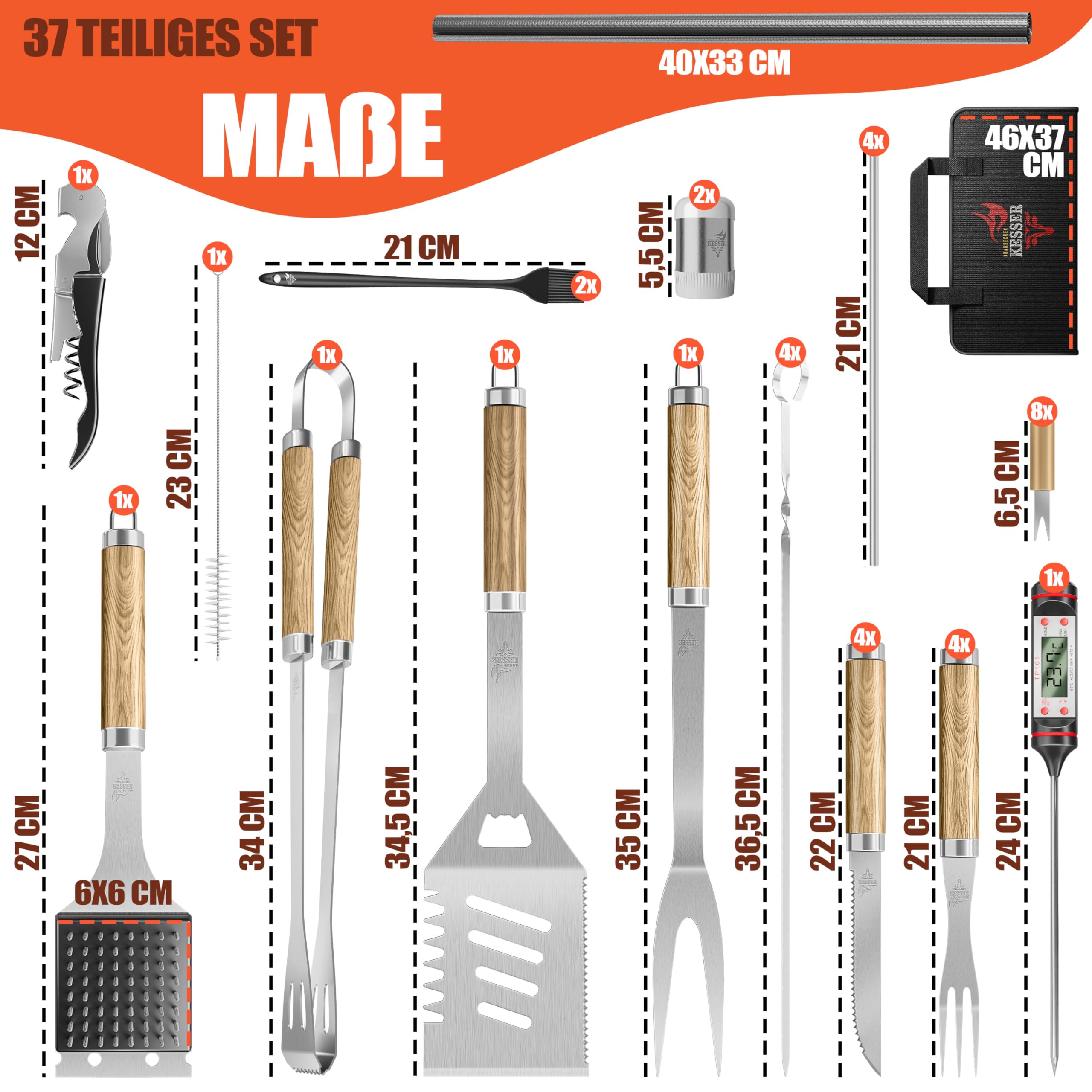KESSER® Grillbesteck Set 37-teilig Grillzubehör aus rostfreiem Edelstahl Grillset mit Grillzange, Grillwender, 4in1 Grillspatel, Grillgabel, Grill-Spieß, Thermometer, Korkenzieher, Grillmatte & Tasche