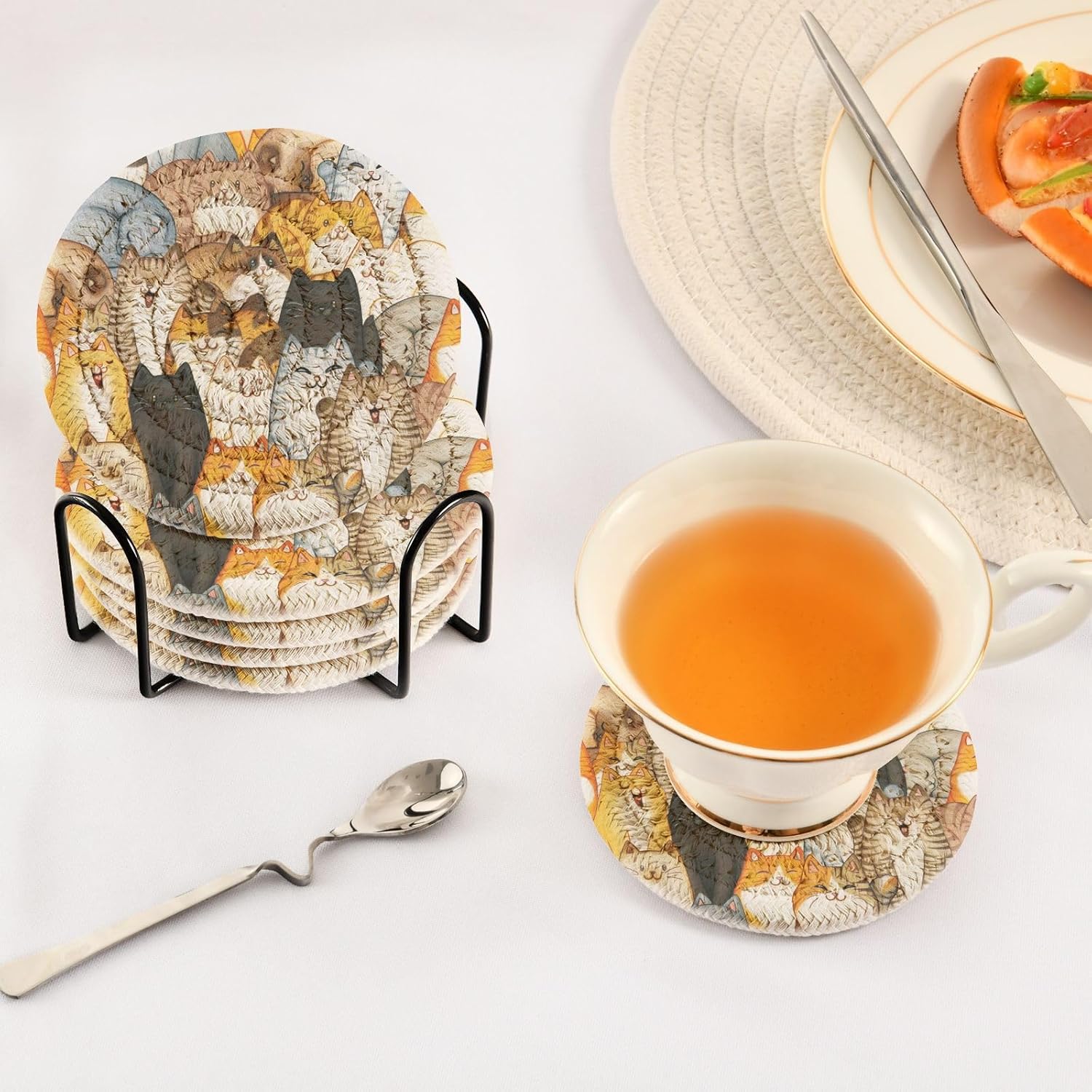 Coasters Set of 6 with Holder Heat Insulation Absorbent Drink Coasters for Kitchen Coffee Table Home Decor Bar Housewarming Gift Cats - Image 7