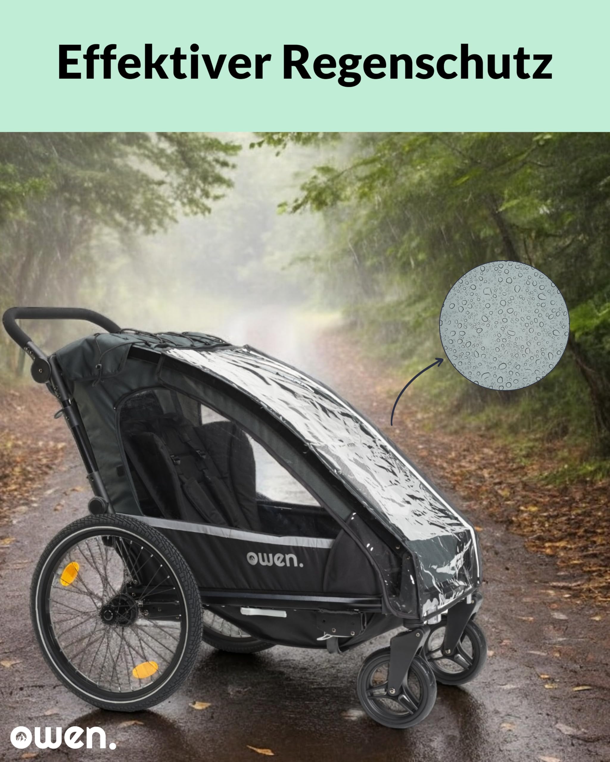 Owen Kinderanhänger | 2-in-1 Kit Fahrradanhänger 1 Kind | 5-Punkt-Gurt | 15,5 kg Fahrrad Anhänger | Kinderwagen mit Fahrradverbindungsarm | Inklusive Regen- und Sonnenschutz