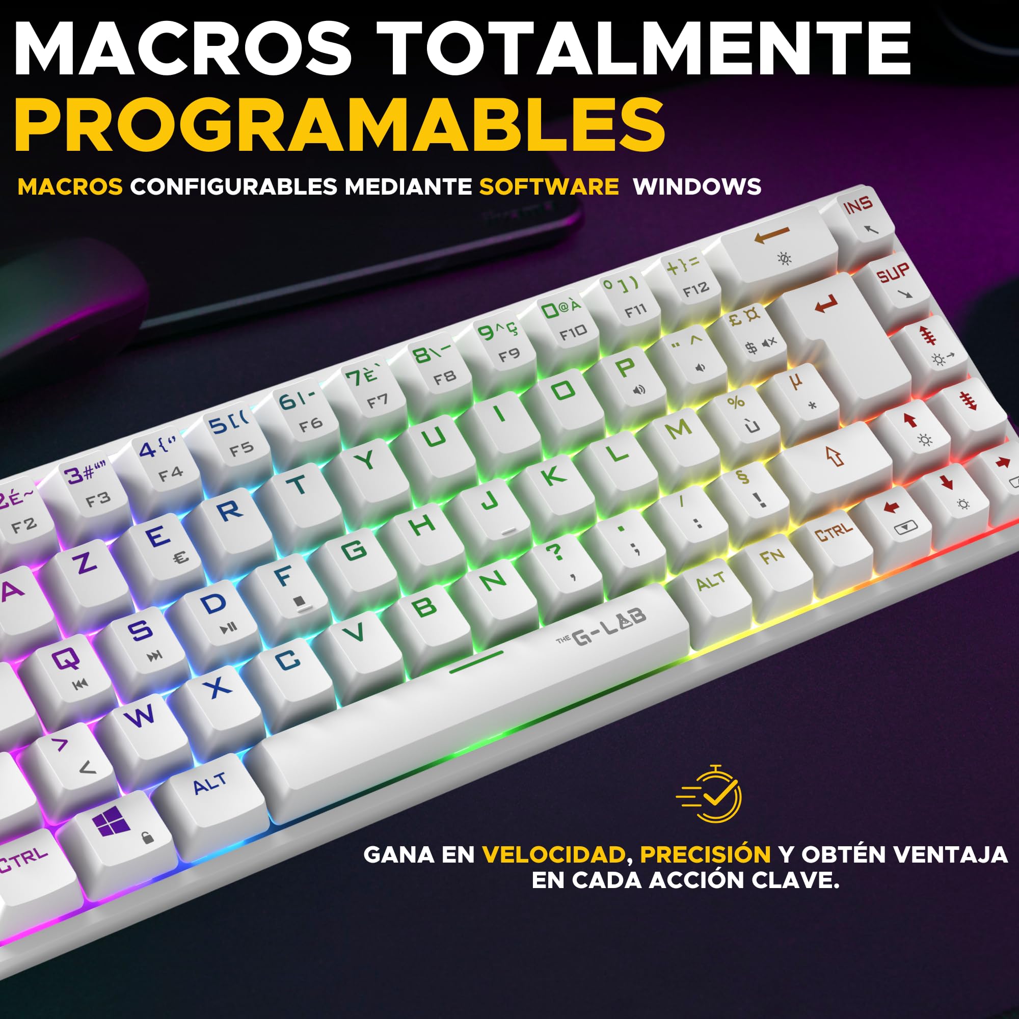 The G-Lab - Keyz Titanium - Teclado mecanico español 65% QWERTY, USB - Teclado gaming con Switch rojo, RGB personalizable, anti-ghosting, macros programables - Para PC, PS4, PS5, Xbox - Nuevo (Blanco)