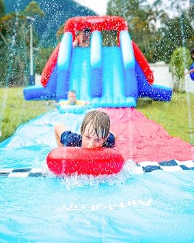 AirMyFun Inflatable Water Slide with Long PVC Sliding Runway, Water Park for Kids with Dual Racing Slides and 2 Inflatable Surfboards, 450W External Blower Included, Summer Backyard Party Toy