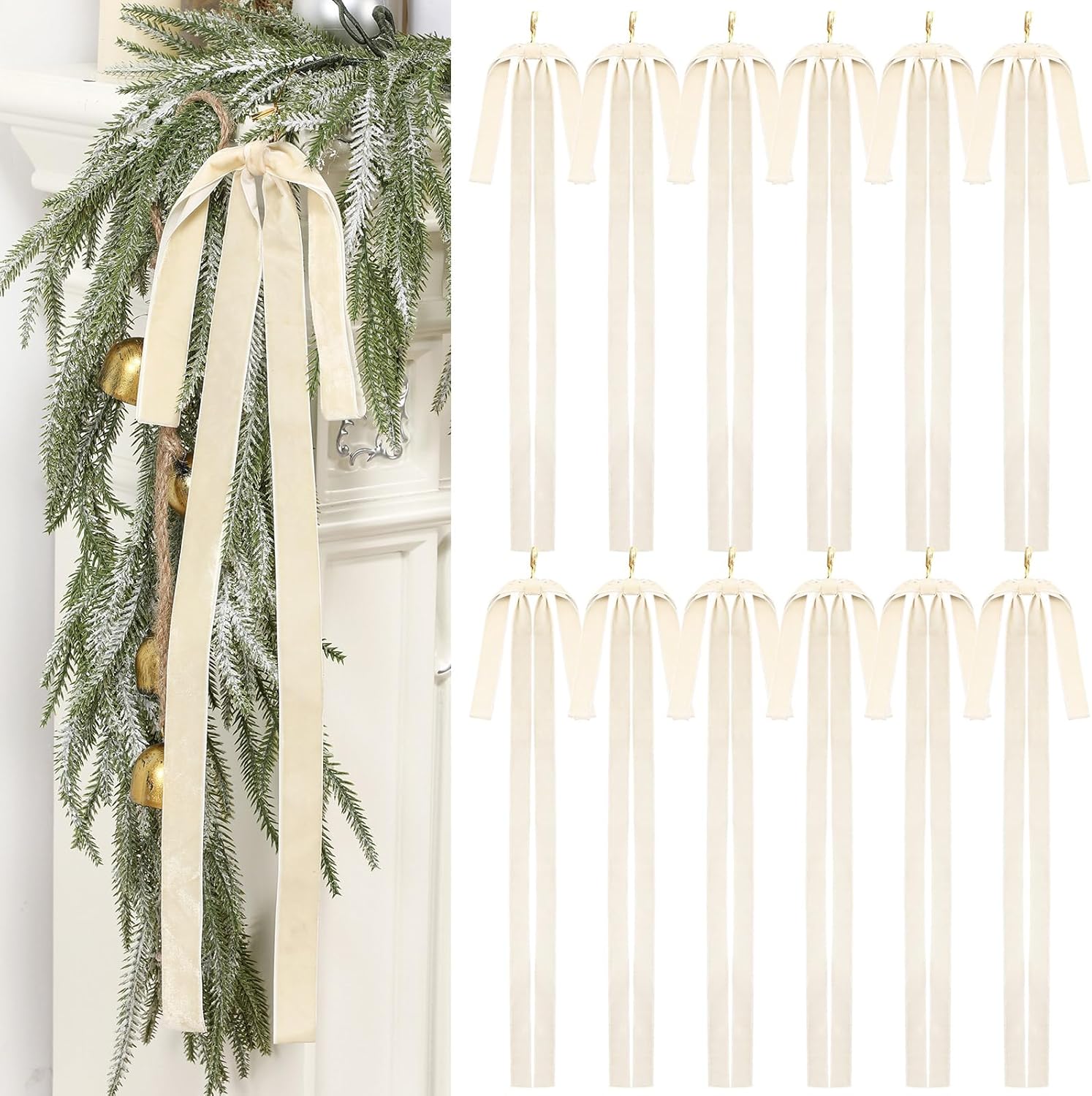 Janinka 12 Pcs Beige Velvet Ribbon Bows Christmas Tree Decorations 23.5x15.5 Inch Rustic Neutral Large Velvet Vintage Christmas Swag Ornaments Staircase Wreath Bows Tree Topper Bow Beige 12