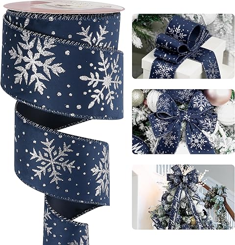 HUIHUANG Cinta con alambre de terciopelo azul marino con copo de nieve con purpurina plateada, cinta con alambre azul marino para árbol de Navidad,