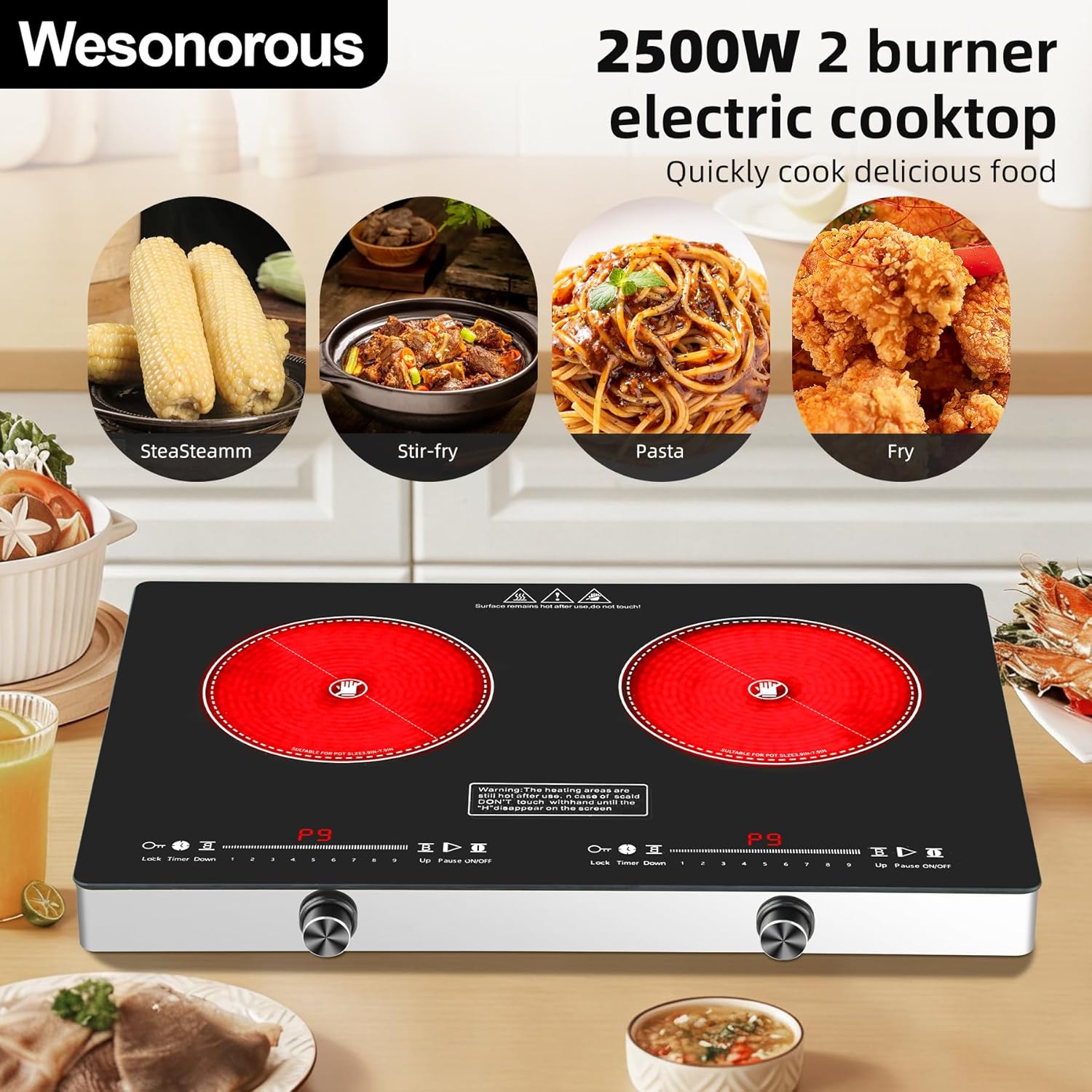Electric Cooktop,110V 2500W Electric Stove Top with LED Knob Control,9 Power Levels, Kids Lock & Timer,Overheat Protection stove,24 Inch 2 burner cooktop