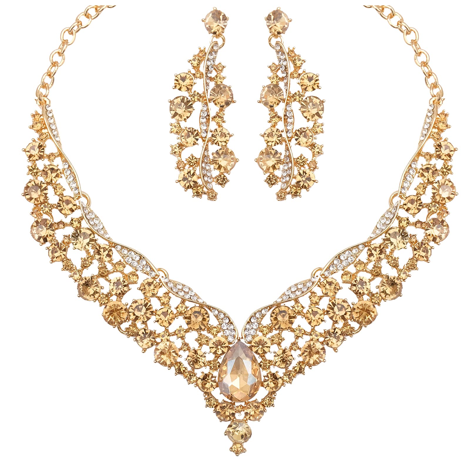 chaoyiteElegant Austrian Crystal V-Shaped Statement Necklace Earrings Set Bridal Wedding Prom Costume Jewelry For Bride Bridesmaid