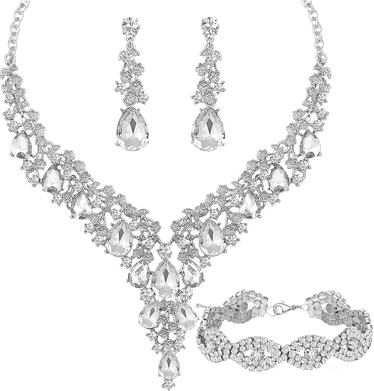 Paxuan Boda Nupcial Dama de honor Cristal austriaco Conjuntos de joyas con diamantes de imitación Declaración Gargantilla Collar Pendientes Pulseras Conjuntos para bodas Fiesta de graduación