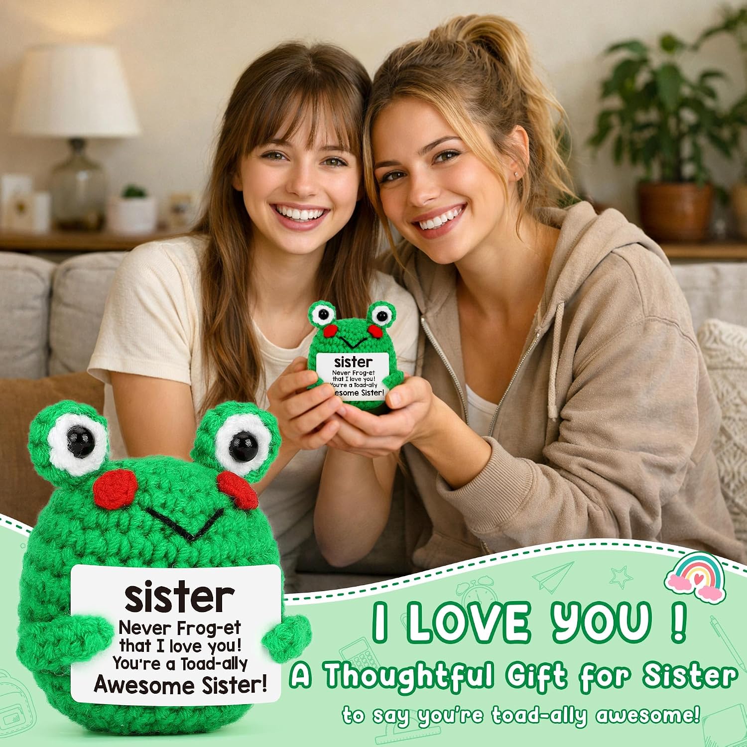 LEJIAJINW Sisters Gift from Sist-er Brother, Sister Birthday Gifts | Soul Sister' Friend Gifts for Women Girls Teen, Back to School Christmas White Elephant, Mini Positive Frog Crochet Animals