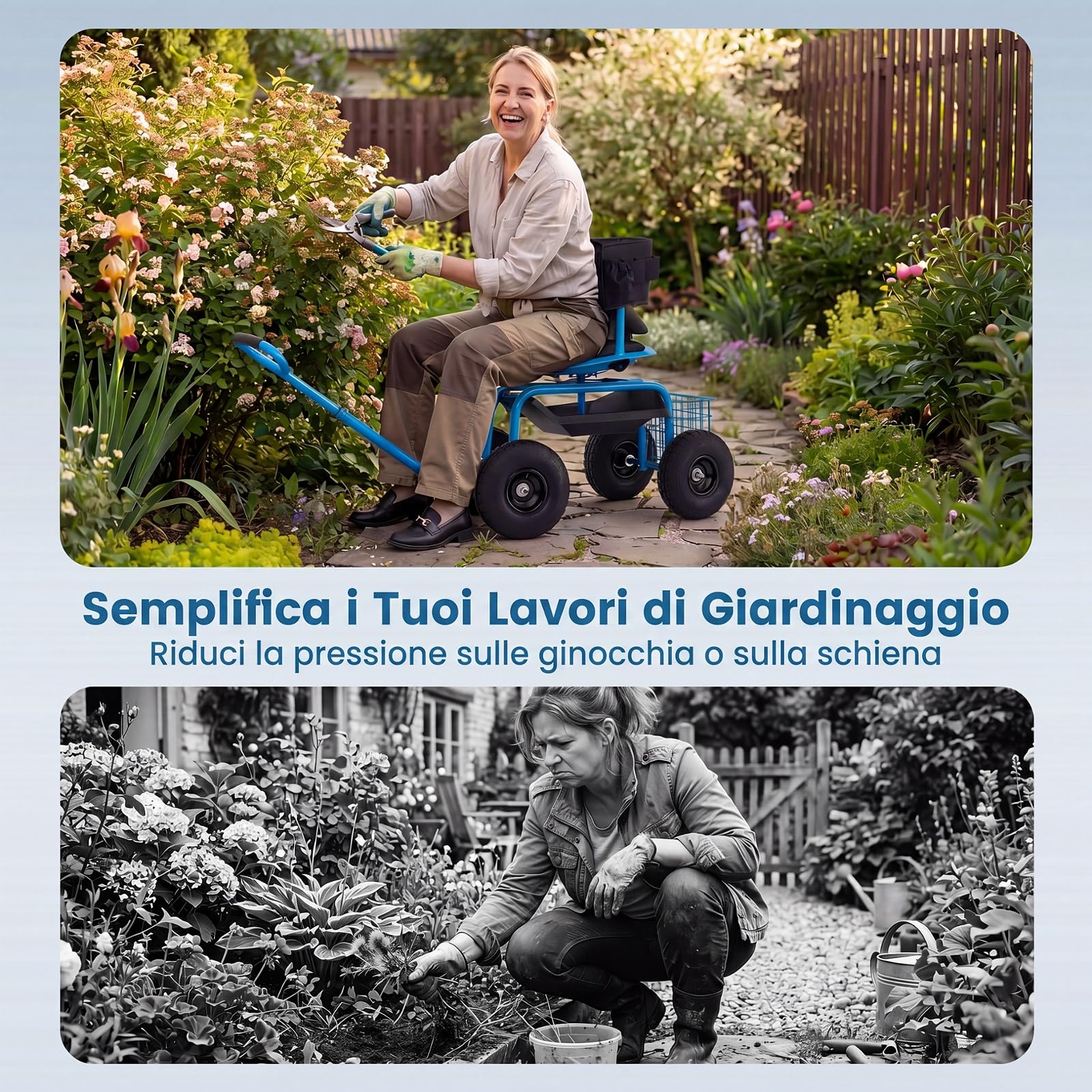 COSTWAY Carrello da Giardino, Sgabello con Ruote Girevole a 360°, Cuscino Imbottito, Schienale, Cestino, Tasca e Vassoio Porta Attrezzi, Carriola da Giardino e Cortile, 96 x 46 x 78-87 cm (Blu)