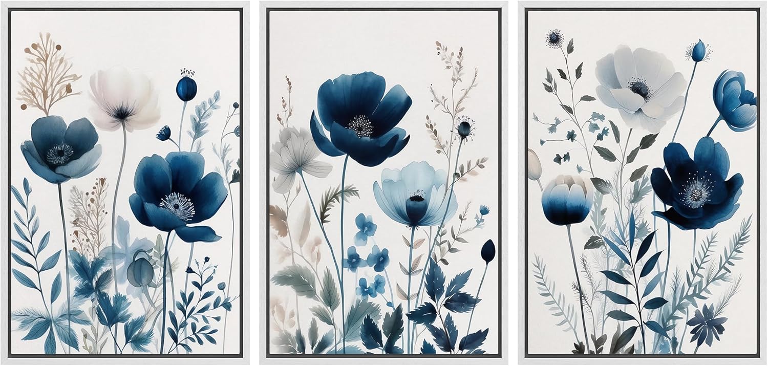 NWT Framed Canvas Print Wall Art Set Navy Blue Wildflower Lily Daisy Garden Nature Wilderness Illustrations Modern Art Decorative Minimalist Floral Botanical Flowers for Bedroom - 24"x36"x3 White