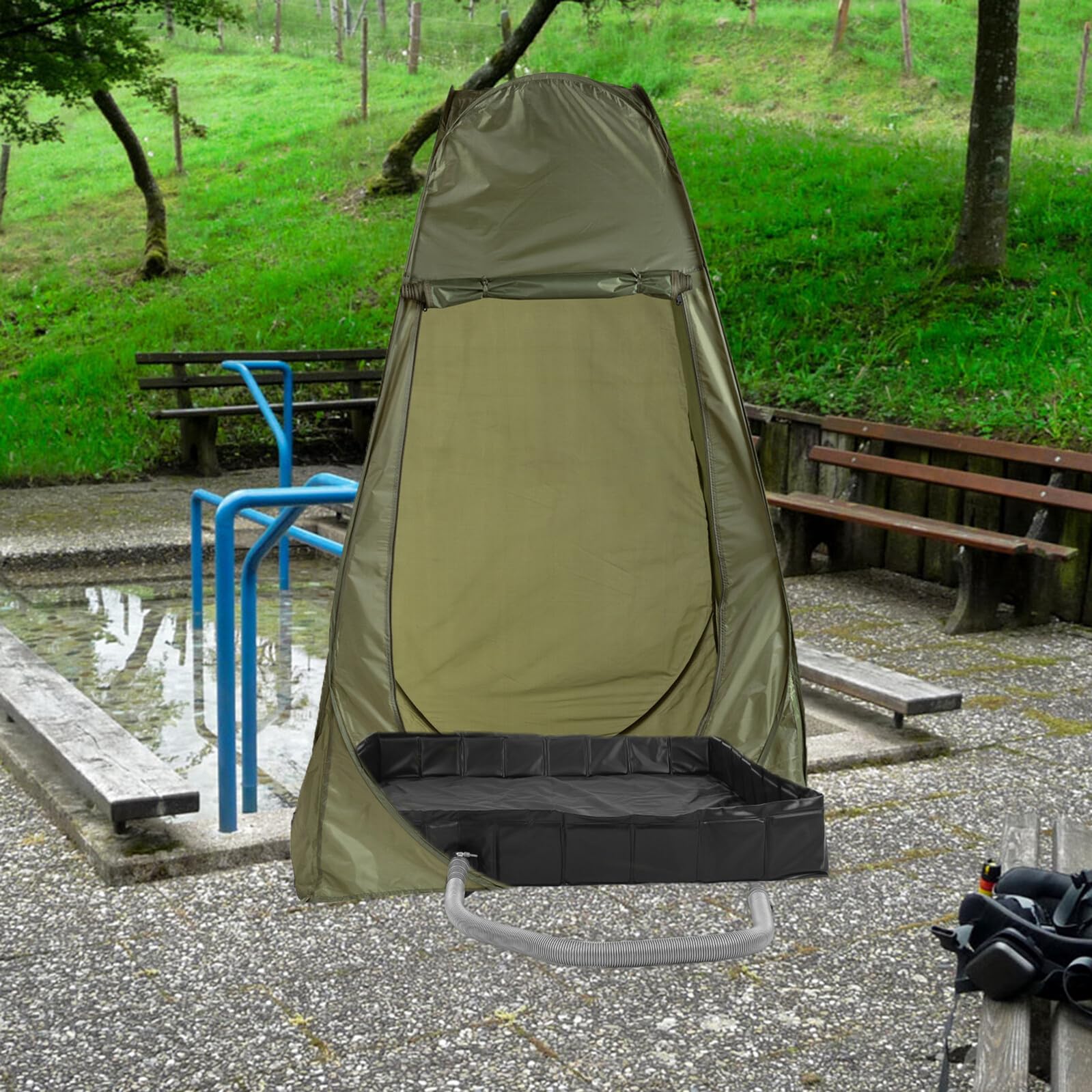 Operitacx Base de Ducha Provisional Plegable Cuadrada con Desagüe | Pvc y Pp, Negro, para Pies, Uso en Hiking y Bases Temporales, Incluye Tubo Extraíble