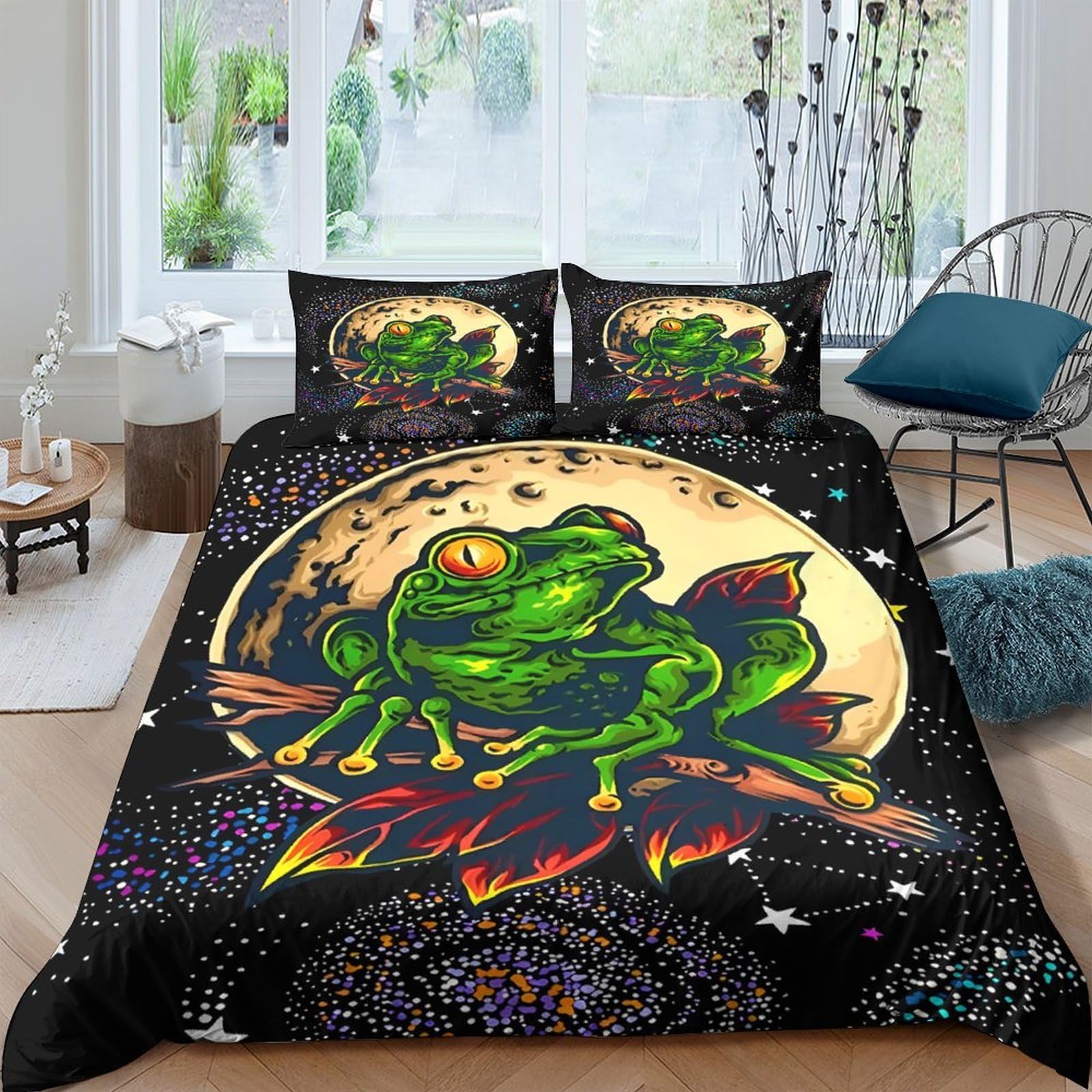 Ctjqhvkz Style-3 3D Printed Moon Frog Fitted Sheet Microfiber Vibrant Leaf Bed Cover For Bedroom Dorm Mattress Protection Decor Single（135X200cm）