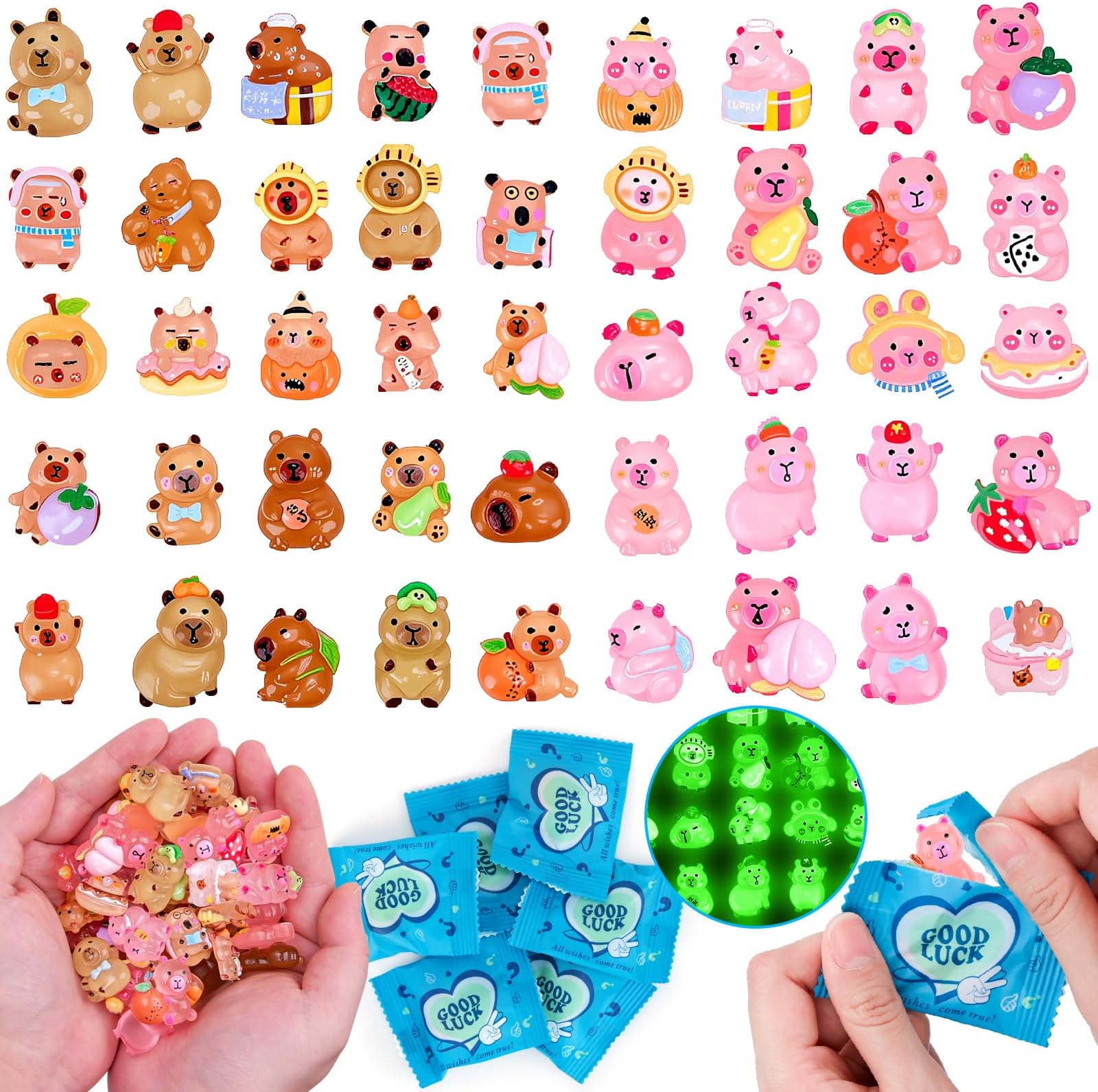 Hysagtek Mini Capybara Blind Bag - 100 Pcs Luminous Tiny Capybara Figures Glow in The Dark Mystery Bag Micro Landscape Aquarium Potted Xmas Dollhouse Decor Fairy Garden Accessories