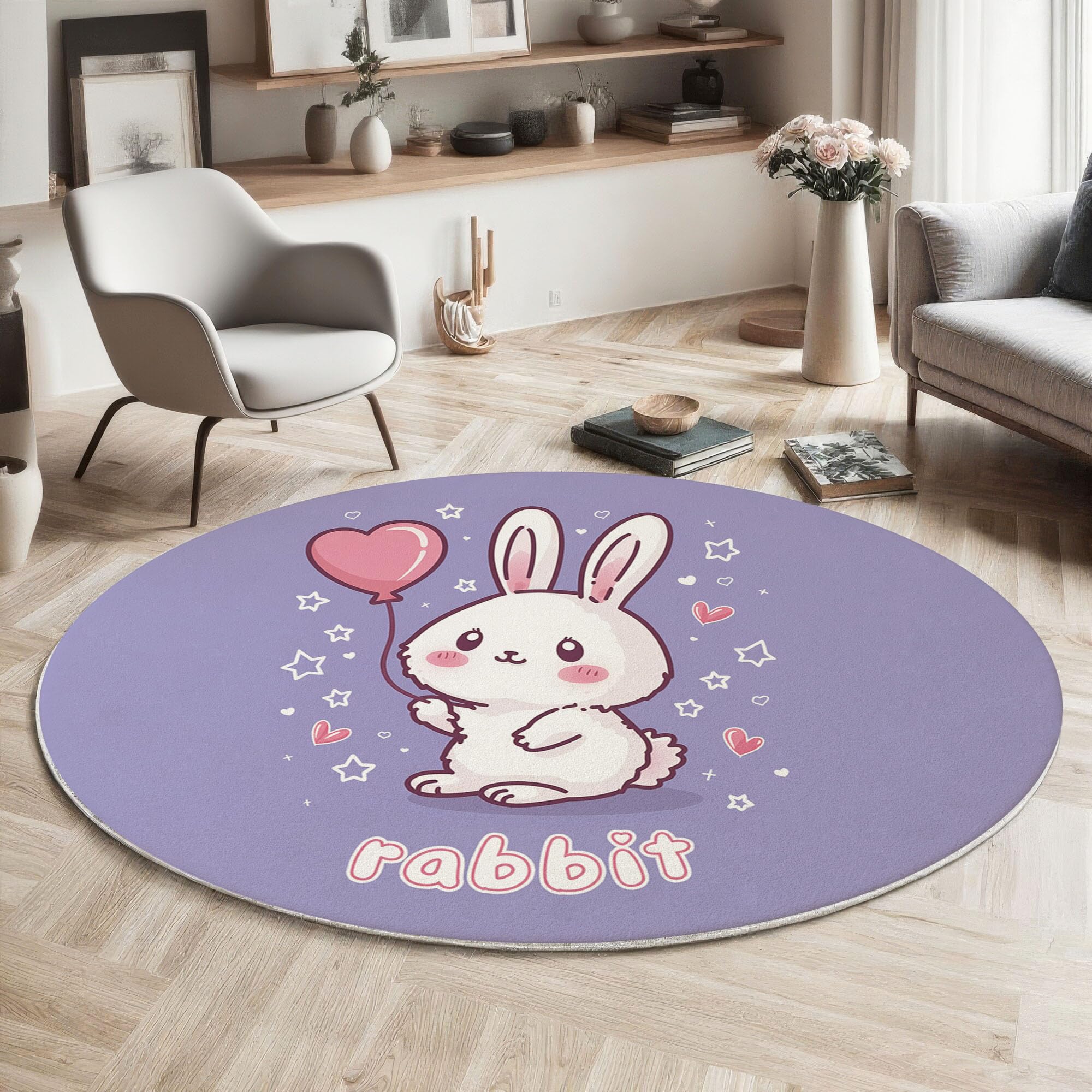 Tapis lavable et antidérapant violet 100cm en flanelle motif lapin