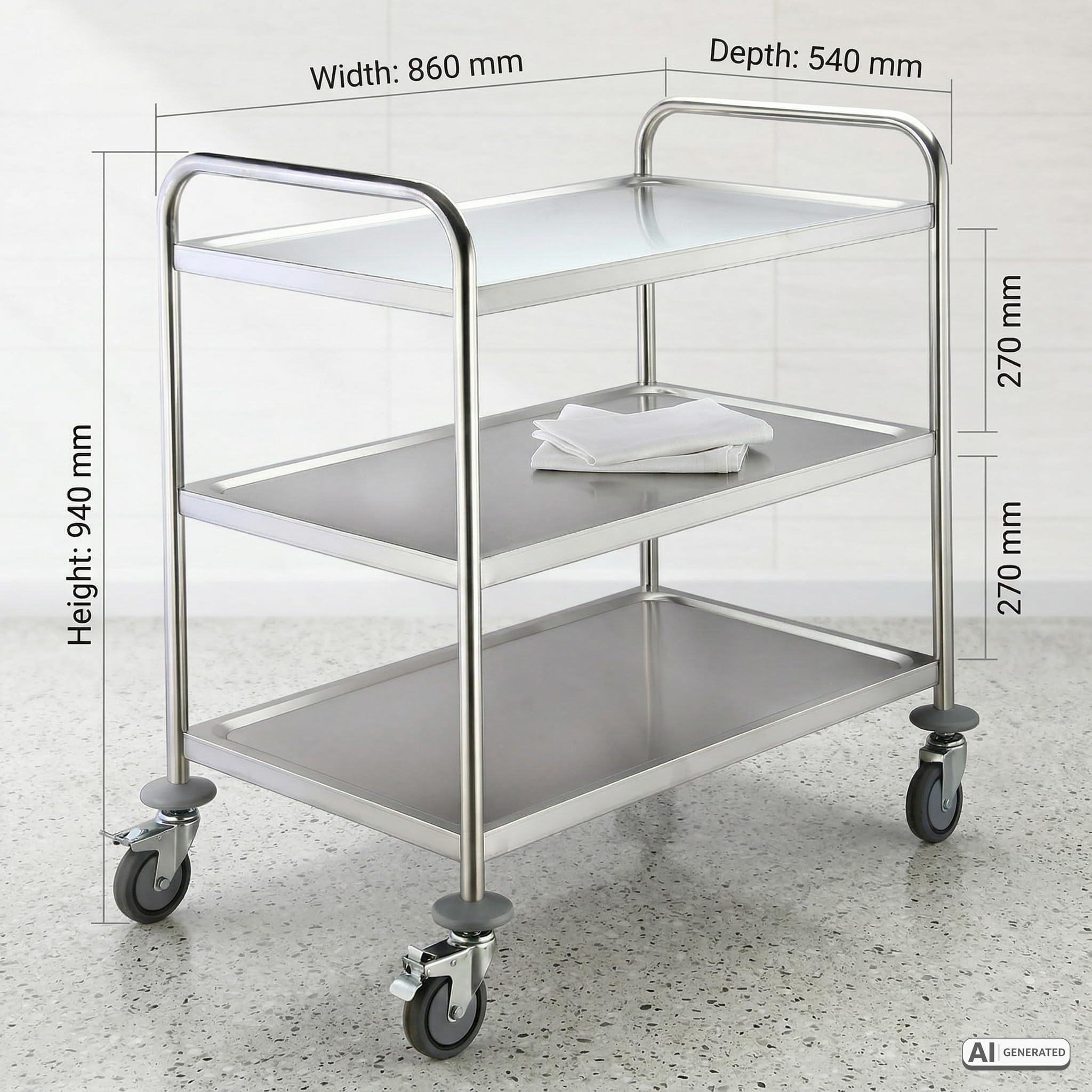 SARO BASTIAN - Carrello da trasporto a 3 ripiani, in acciaio inox, con portata da 80 kg, 4 ruote (2 con freno), da 86 x 54 x 94 cm, per settore gastronomico e servizio