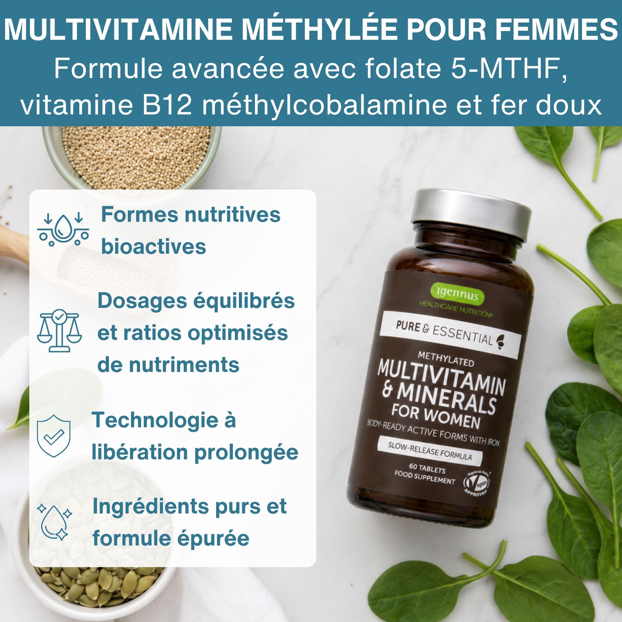 Multivitamines et Minéraux pour Femmes, Vitamines Méthylées & Bioactives, avec Fer Bisglycinate 14 mg, Libération Lente, Clean Label & 100% Vegan, 60 comprimés – par Igennus