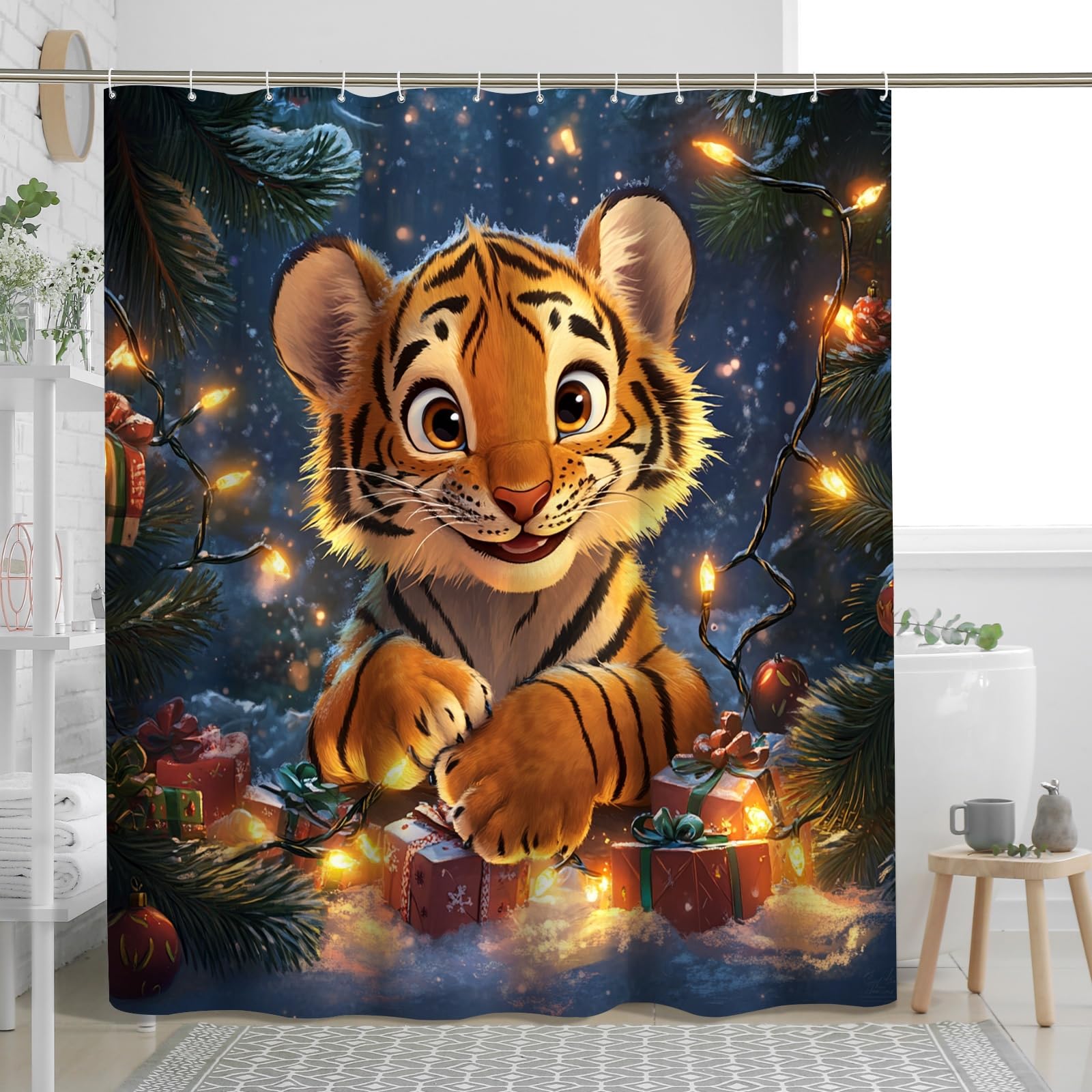 Rideau de douche tigre Merry Christmas en polyester durable, finition haut de gamme