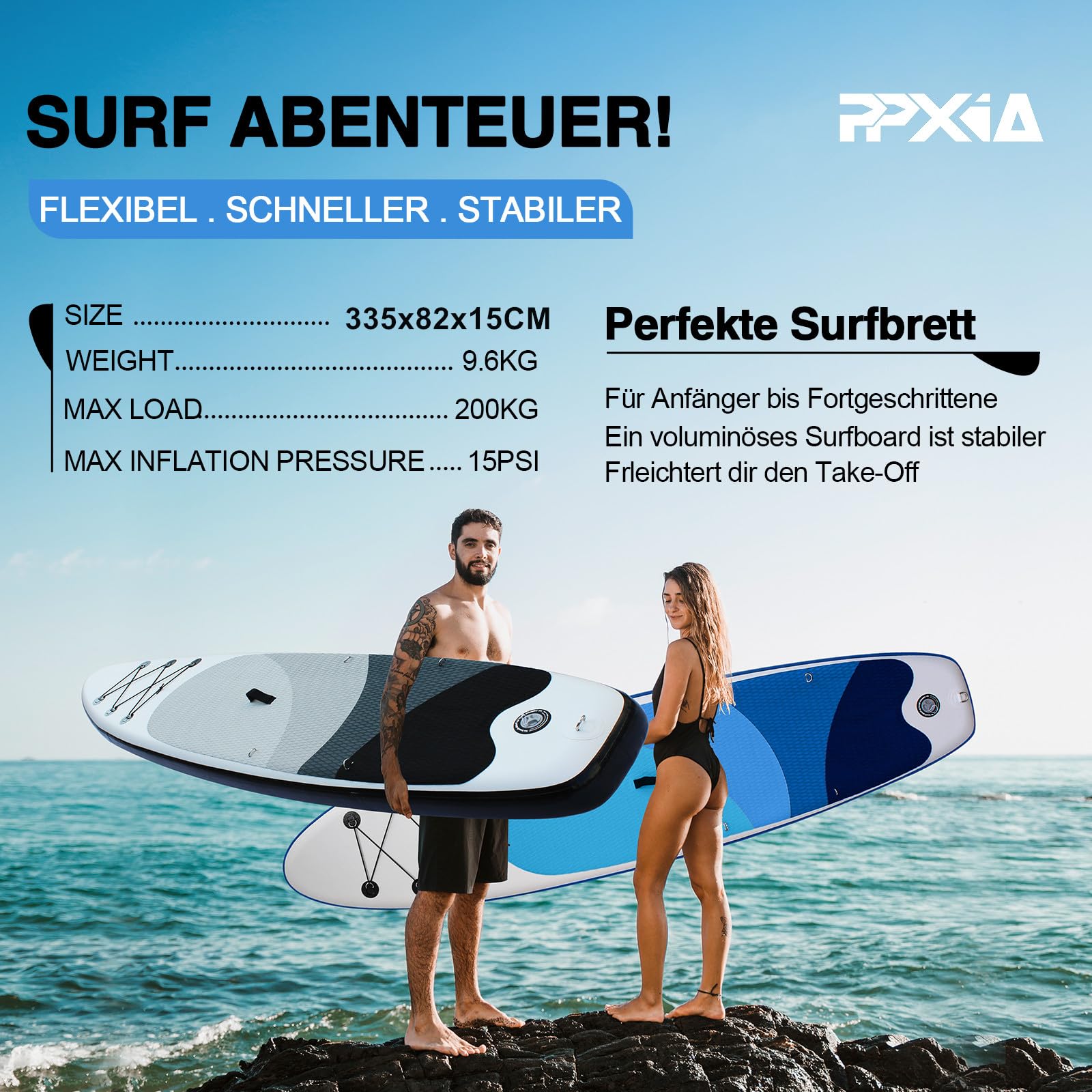 Stand Up Paddling Board mit Sitz, Aufblasbare SUP Board Surfboard Tragkraft bis 200Kg, Paddelboard Surfboard Zubehör für Anfänger Erwachsene Kinder